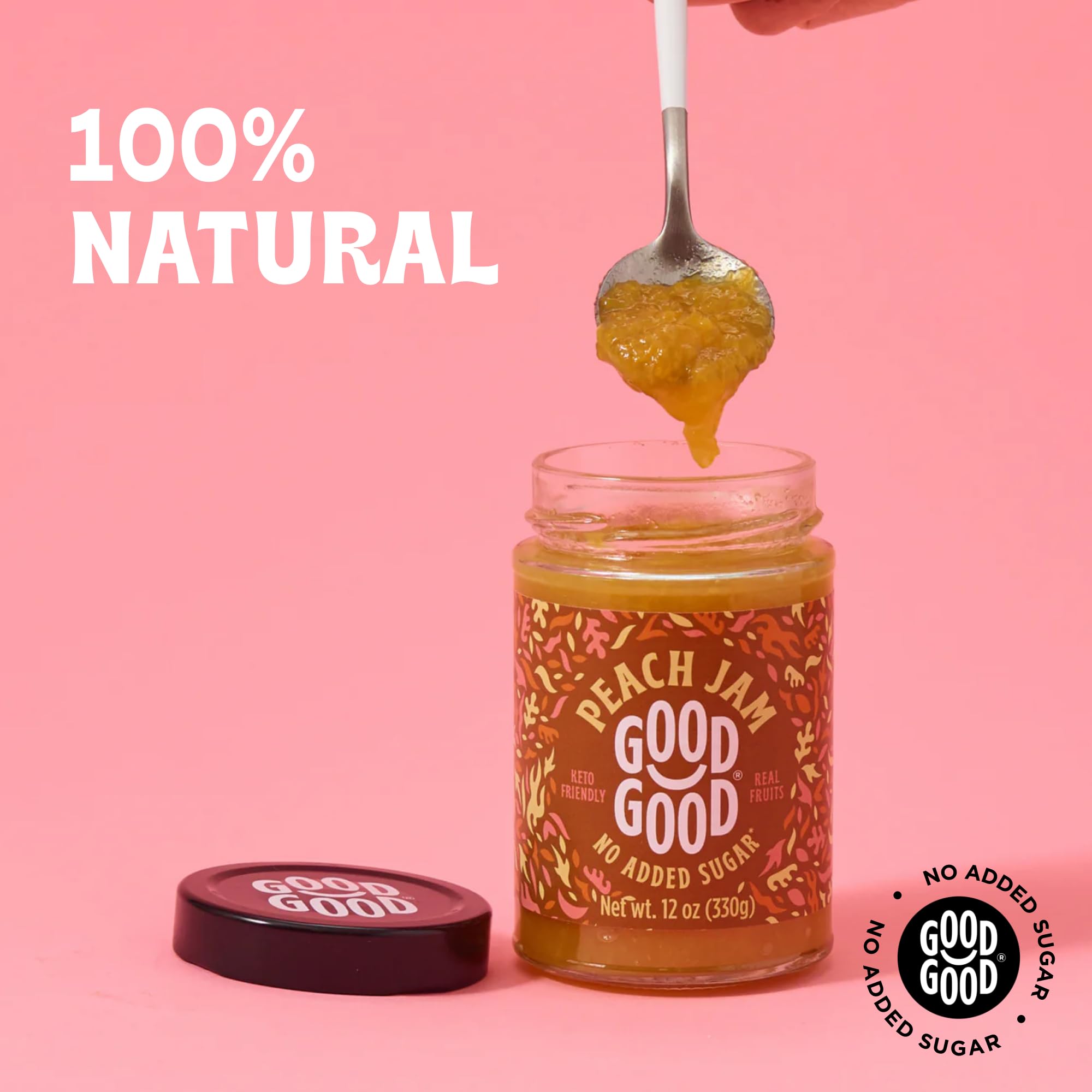 GOOD GOOD Sweet Peach Jam - Low Calorie, Low Carb & No Added Sugar Keto Friendly Jelly - Vegan, Gluten Free Fruit Preserves - 12oz (Pack of 1) - Perfect for Toast, Yogurt & Keto Diet Breakfast