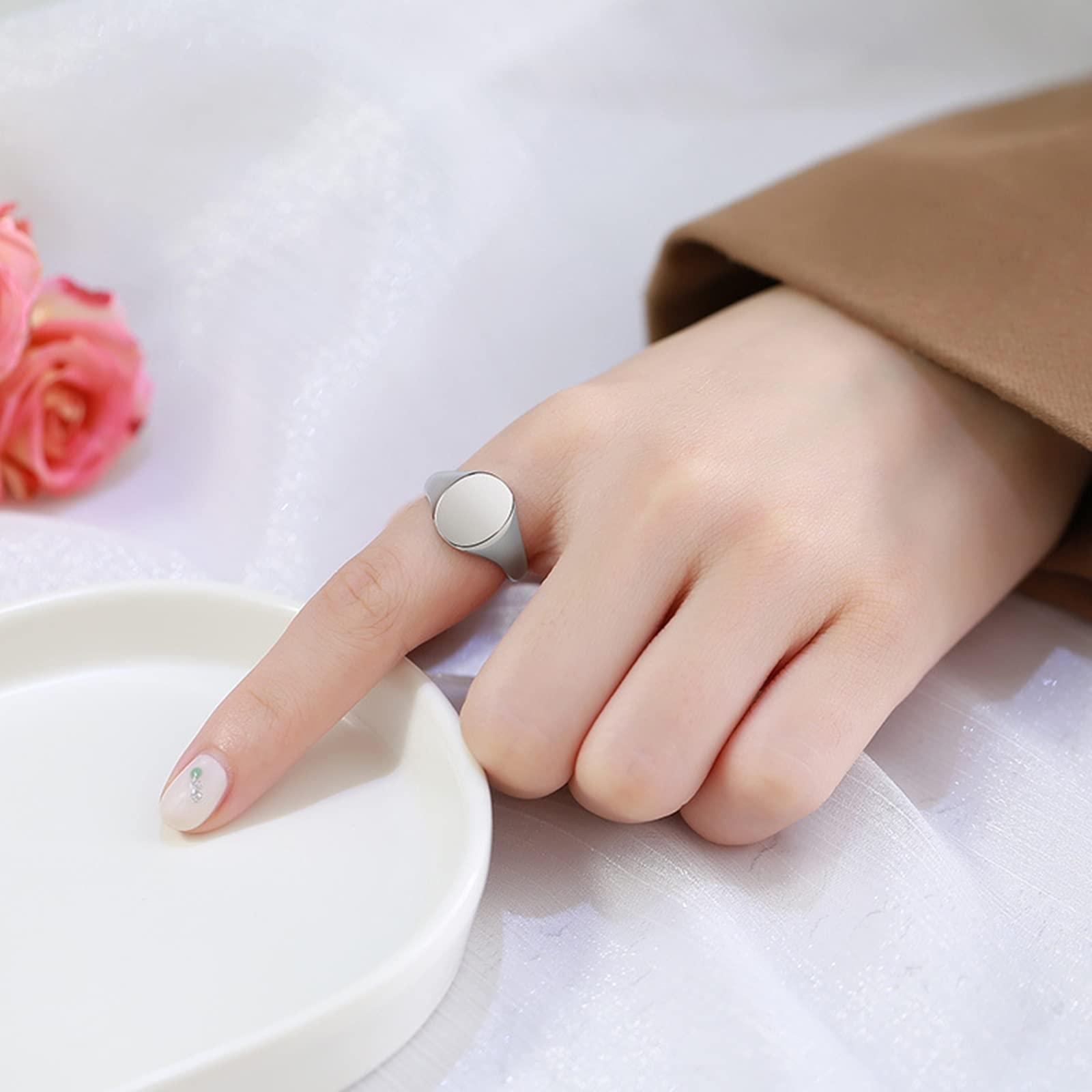 Promise Rings for Women - Stainless Steel Polished Signet Rings with Engraving | Romantic Gift for Girlfriend, Anniversary, Commitment Ceremony