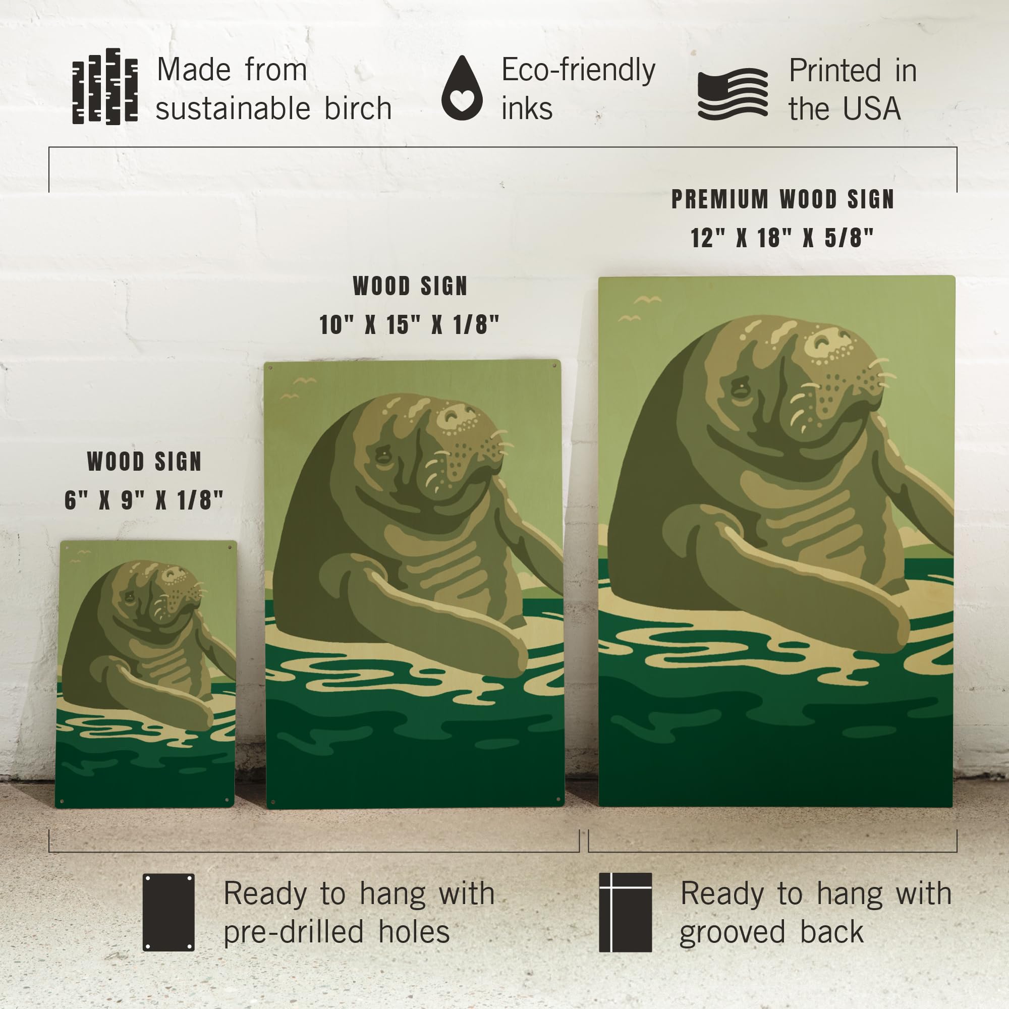 Lantern Press 10x15 Inch Wooden Wall Sign - Ready to Hang Manatee in Water Coastal Decor - Perfect for Beach House, Nursery, or Bathroom Wall Art