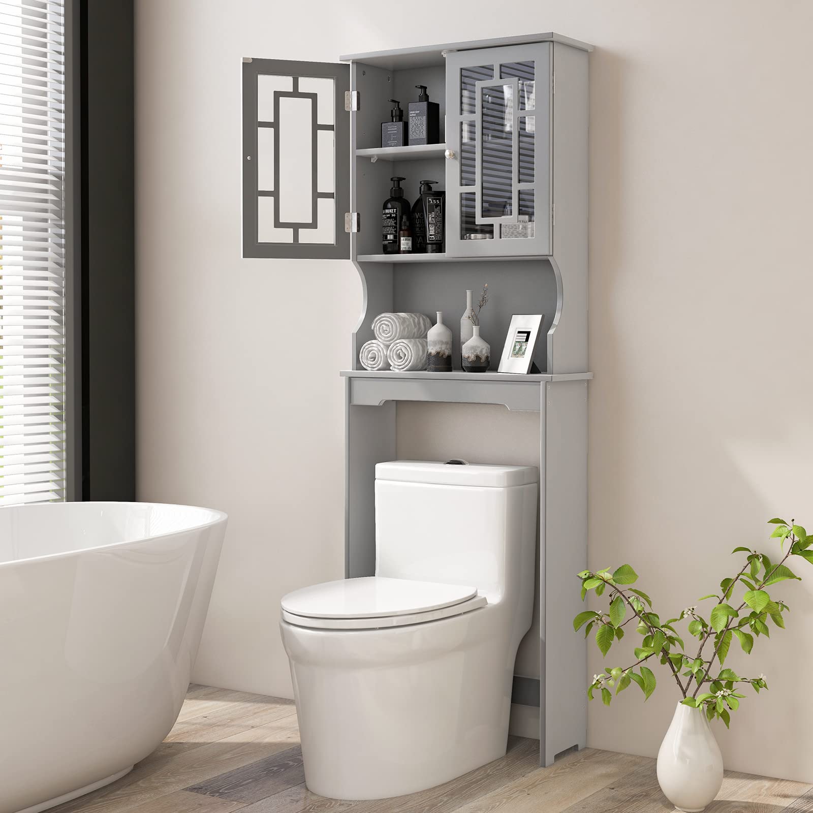 Giantex Over-The-Toilet Storage Organizer with Cabinet & Shelf - Space Saving Bathroom Storage Rack for Towels, Toiletries & Cleaning Supplies - Above Toilet Standing Shelf (Gray) - Perfect for Small Bathrooms & Apartment Living