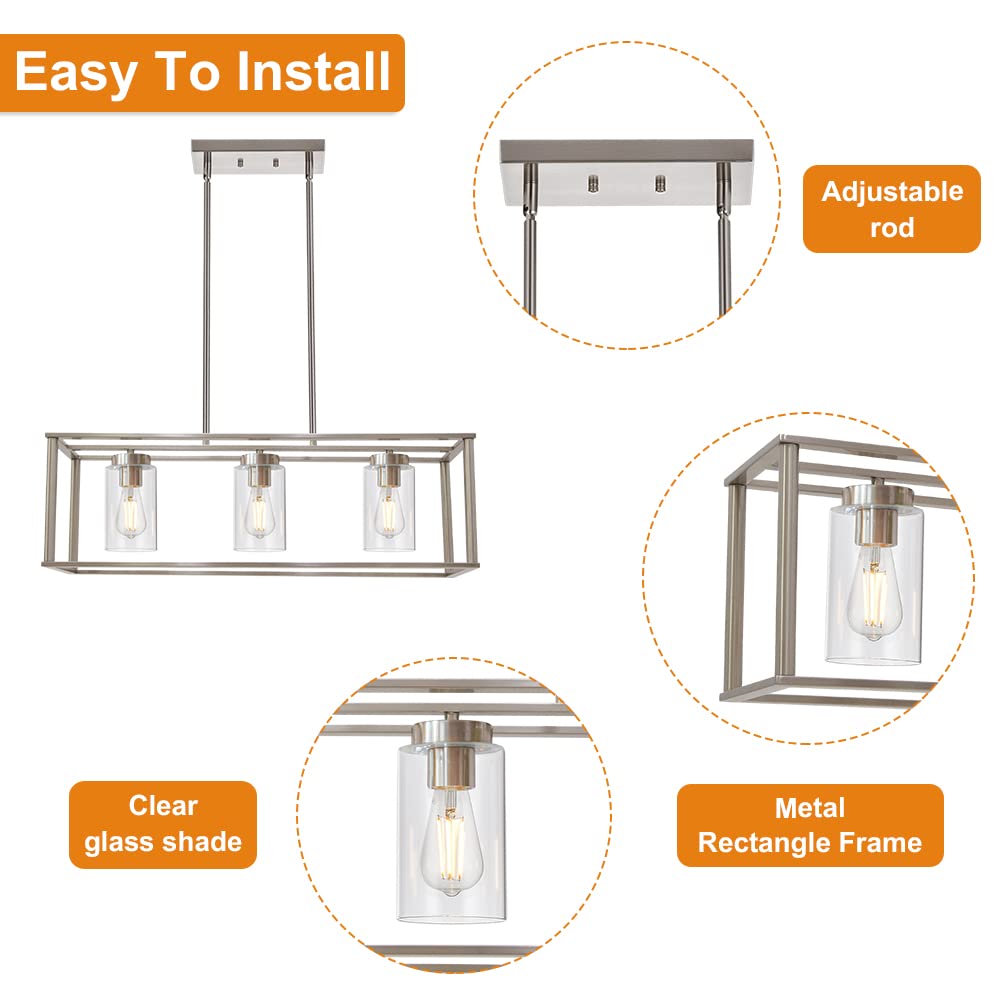 VINLUZ 3-Light Brushed Nickel Linear Chandelier with Clear Glass Shade - Modern Kitchen Island Pendant Light, Farmhouse Dining Room Ceiling Fixture for Living Room, Bar & Restaurant Lighting - Perfect for Home Decor and Commercial Spaces