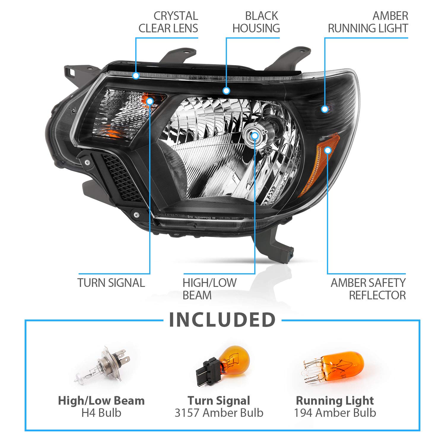 AmeriLite Black Replacement Headlights Assembly Pair for 2012-2015 Toyota Tacoma - Driver & Passenger Side - Perfect for Night Driving & Off-Road Adventures