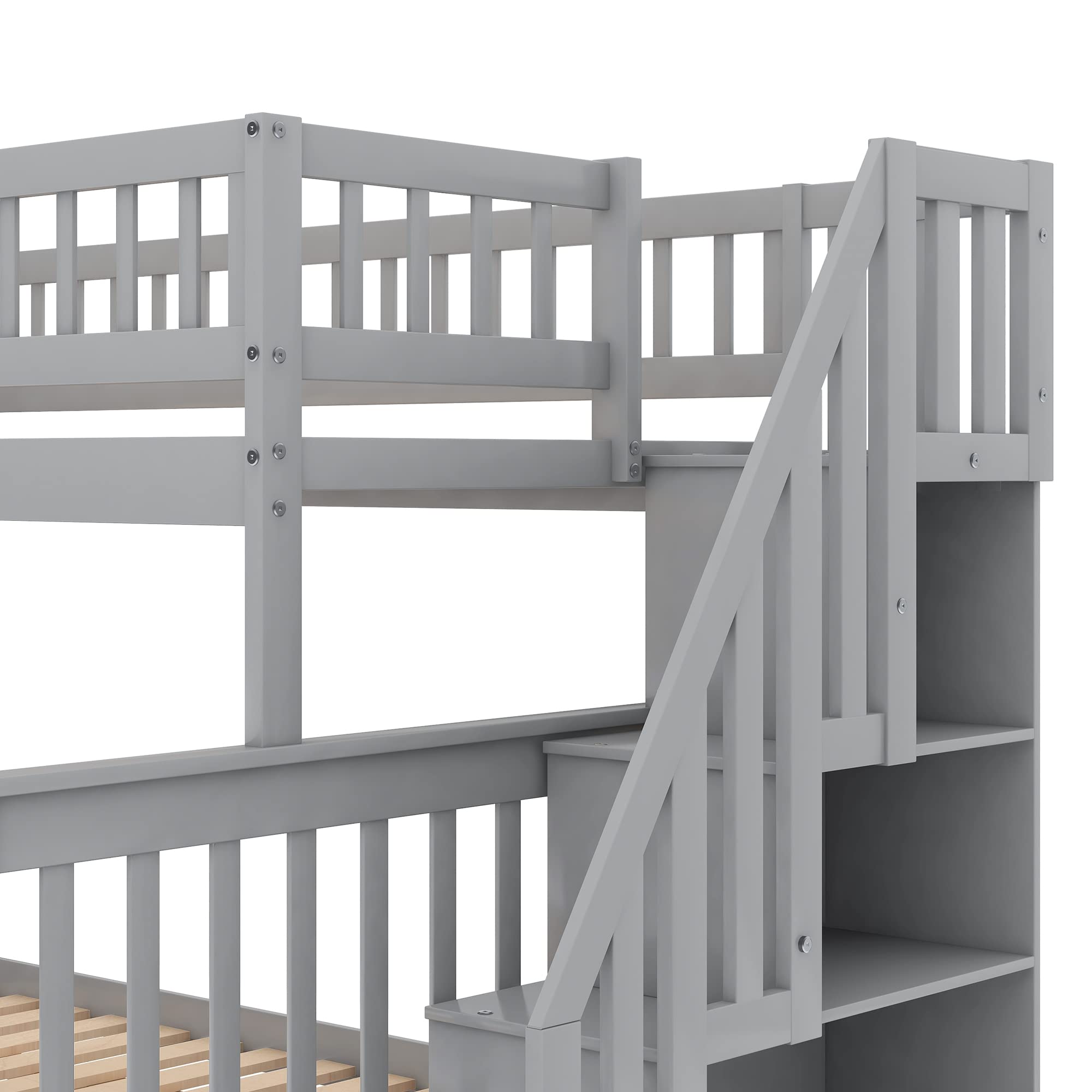 Harper & Bright Designs Twin Over Full Bunk Bed with Trundle, Stairs & Storage - Solid Wood Kids Bunk Bed with Full-Length Safety Rail - Space-Saving Solution for Small Bedrooms, Guest Rooms & Vacation Homes (Gray)