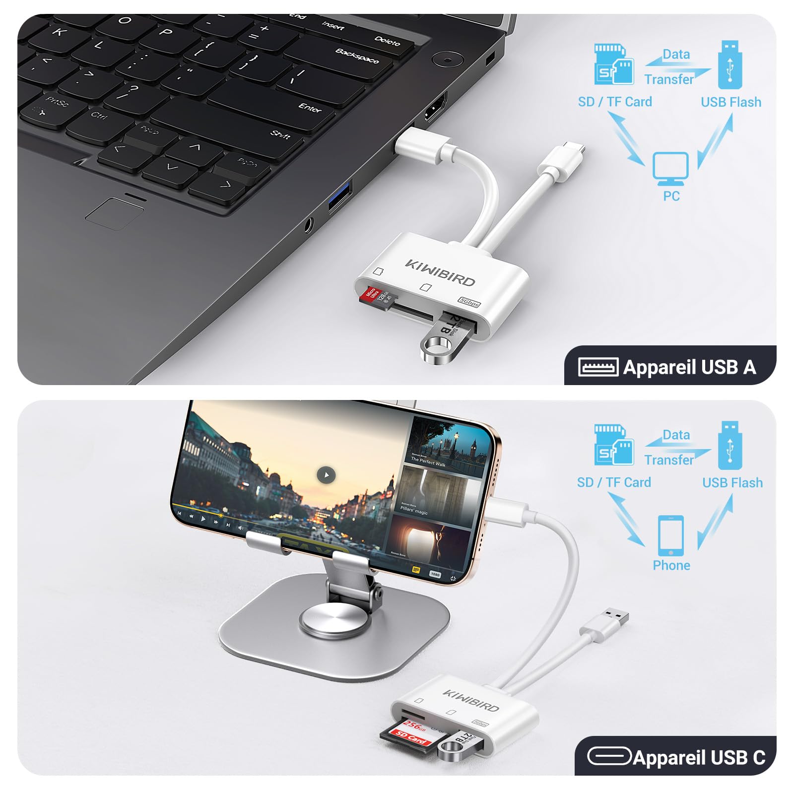 KiWiBiRD USB C SD Card Reader - Micro SD/TF Memory Card Adapter for iPhone 16/15 Pro Max, MacBook Air, Galaxy S25/S24 - Fast Data Transfer for Photography, Video Editing & Mobile Storage Expansion