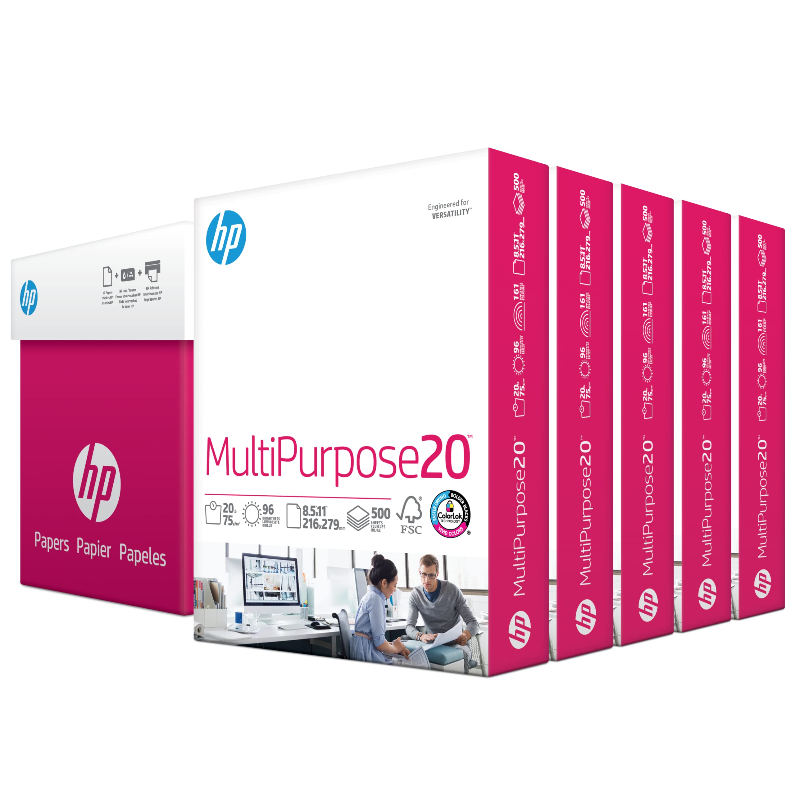 HP Printer Paper 8.5 x 11 Inches, 20 lb Multipurpose Copy Paper - 5 Ream Case (2500 Sheets), 96 Brightness, FSC Certified, Made in USA | Ideal for Printing, Copying, Faxing & Office Use