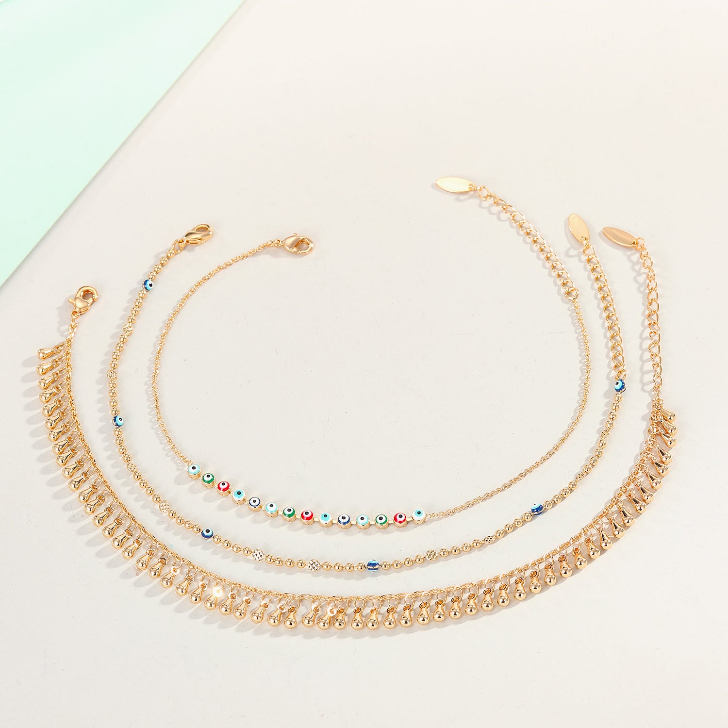 Real Gold Plated Water Drop Tassel Anklet with Turkish Blue Evil Eye Charm - Elegant Summer Beach Jewelry for Women | Perfect for Vacation, Boho Outfits & Festival Accessories