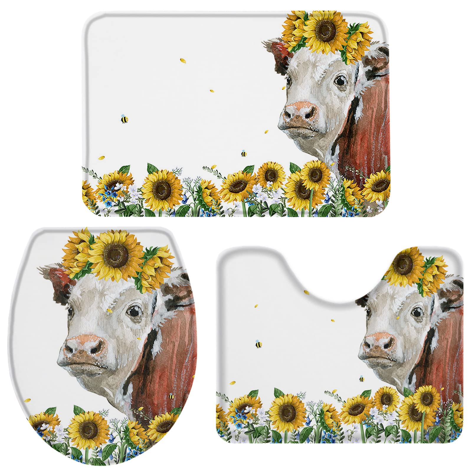 3-Piece Non-Slip Bathroom Rug Set with Toilet Mat - Sunflower Cow Design, Super Absorbent & Fast Drying Bath Mats for Bathroom, Shower & Vanity Area - Washable Rural Scenery Floor Mats (Large Size) - Perfect for Farmhouse, Cottage & Country Style Decor