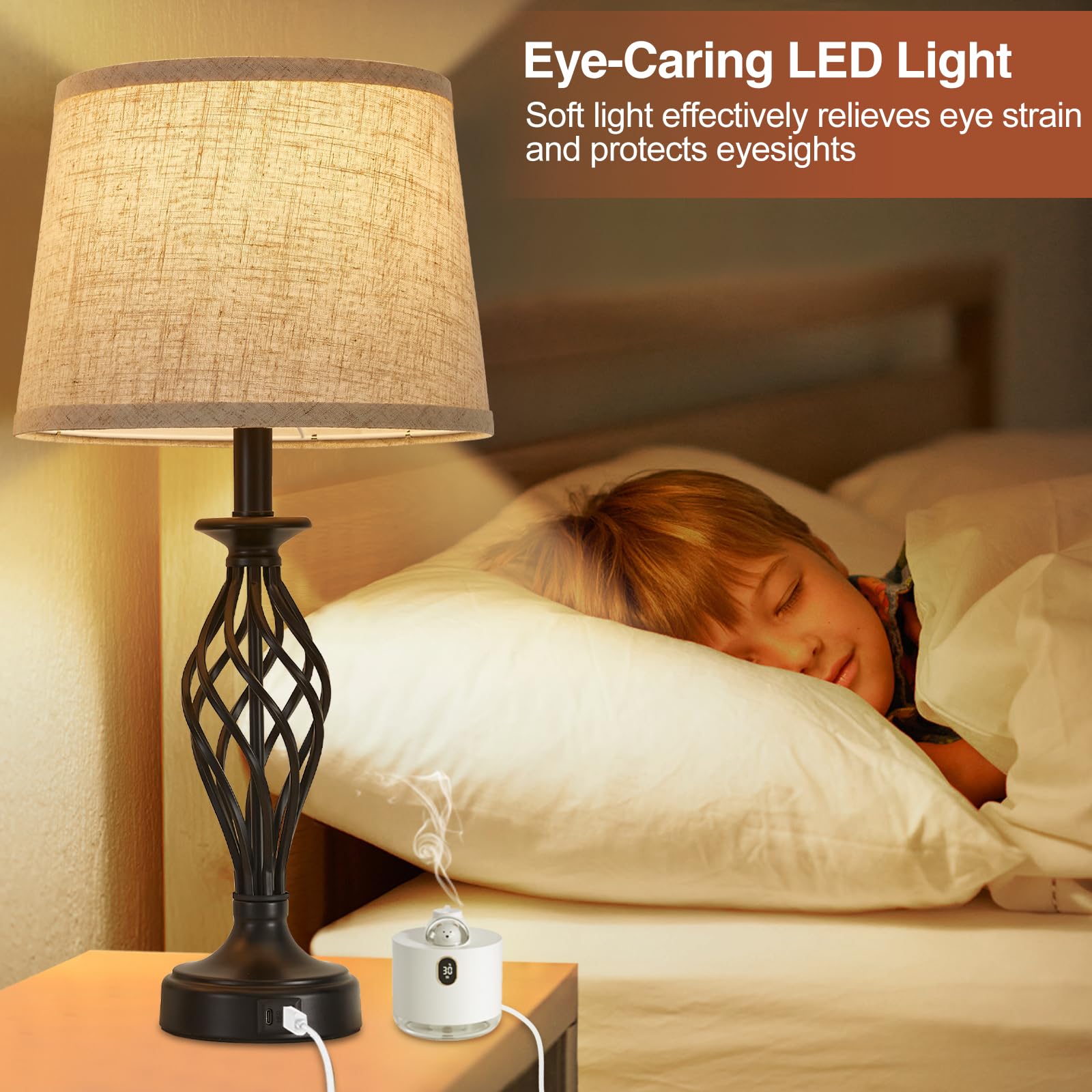 Modern Spiral Cage Table Lamp Set of 2 with USB C+A Ports - Bedside Nightstand Lamps with Fabric Shade & Included LED Bulbs for Bedroom, Living Room, Reading Nook - Black (Home Office Lighting, Guest Room Decor, Cozy Evening Ambience)