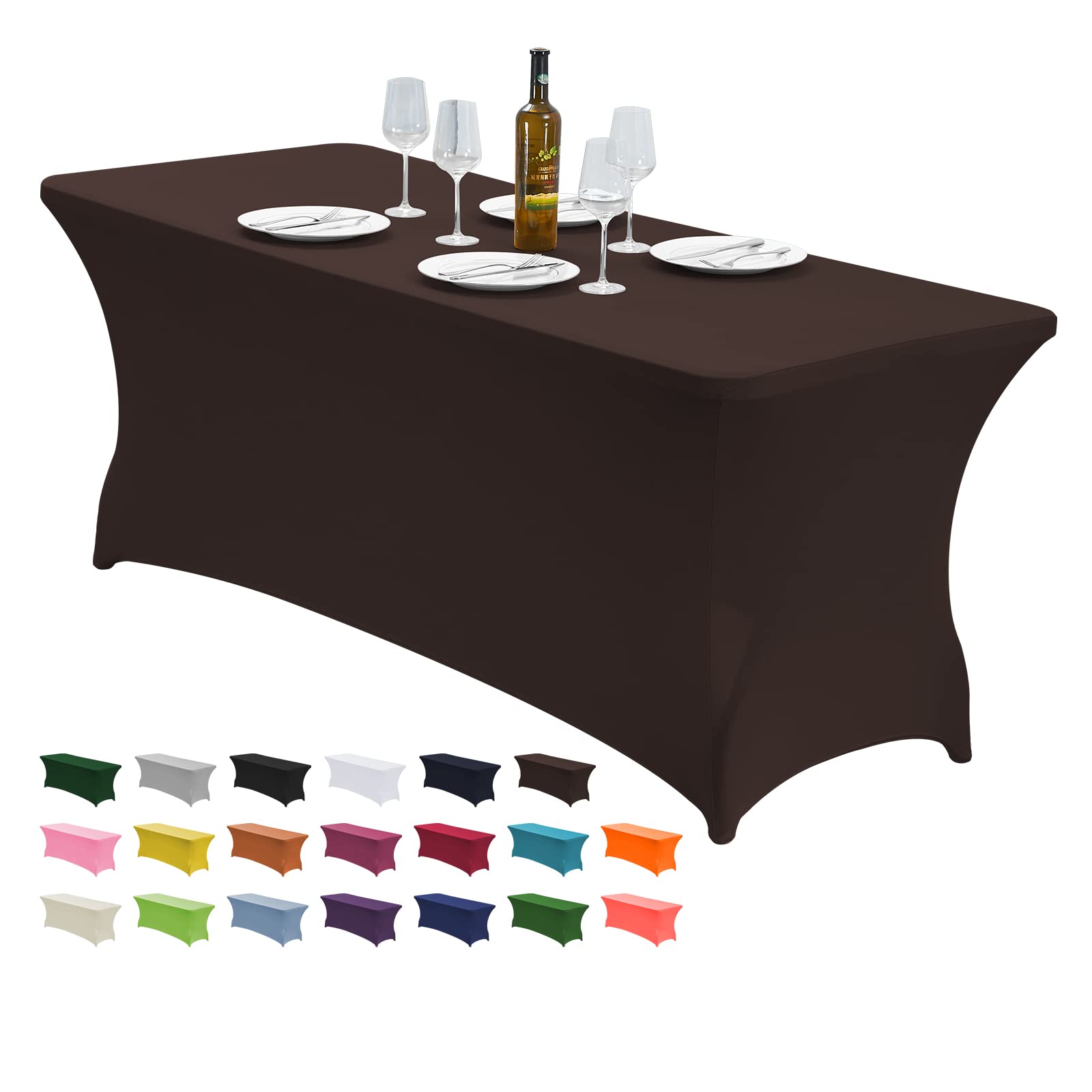 8FT Stretch Spandex Table Cover - Wrinkle Resistant Rectangular Fitted Tablecloth for Folding Tables | Elastic Patio Table Protector for Party, Wedding, Banquet & Outdoor Events (Coffee Brown) - Perfect for Indoor Gatherings and Backyard Celebrations