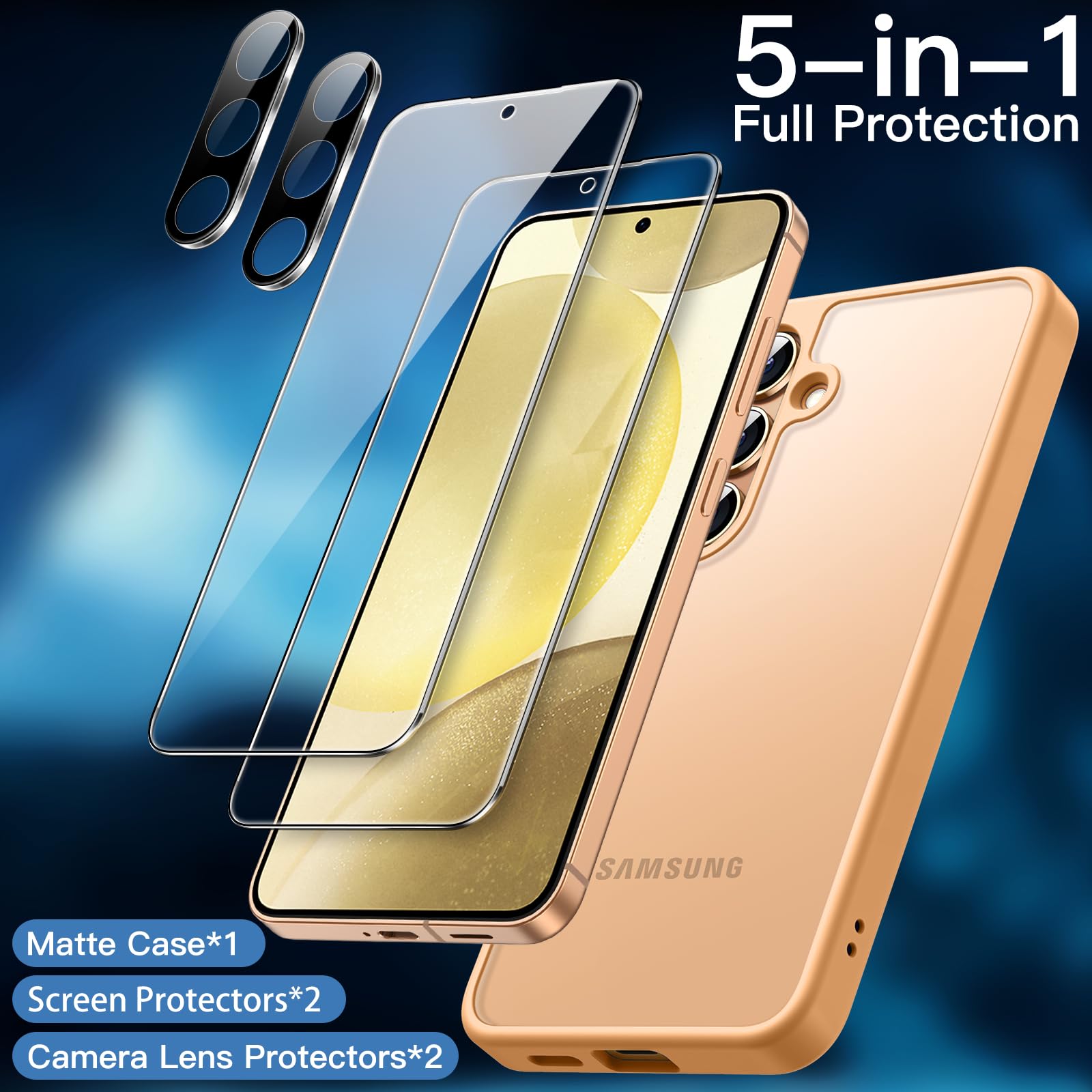 JETech 5-in-1 Matte Protective Case for Samsung Galaxy S24+ 5G | Shockproof Phone Cover with 2-Pack Tempered Glass Screen Protectors & Camera Lens Protector | Translucent Back Design (Sandstone Orange) | Perfect for Work, Travel & Outdoor Activities