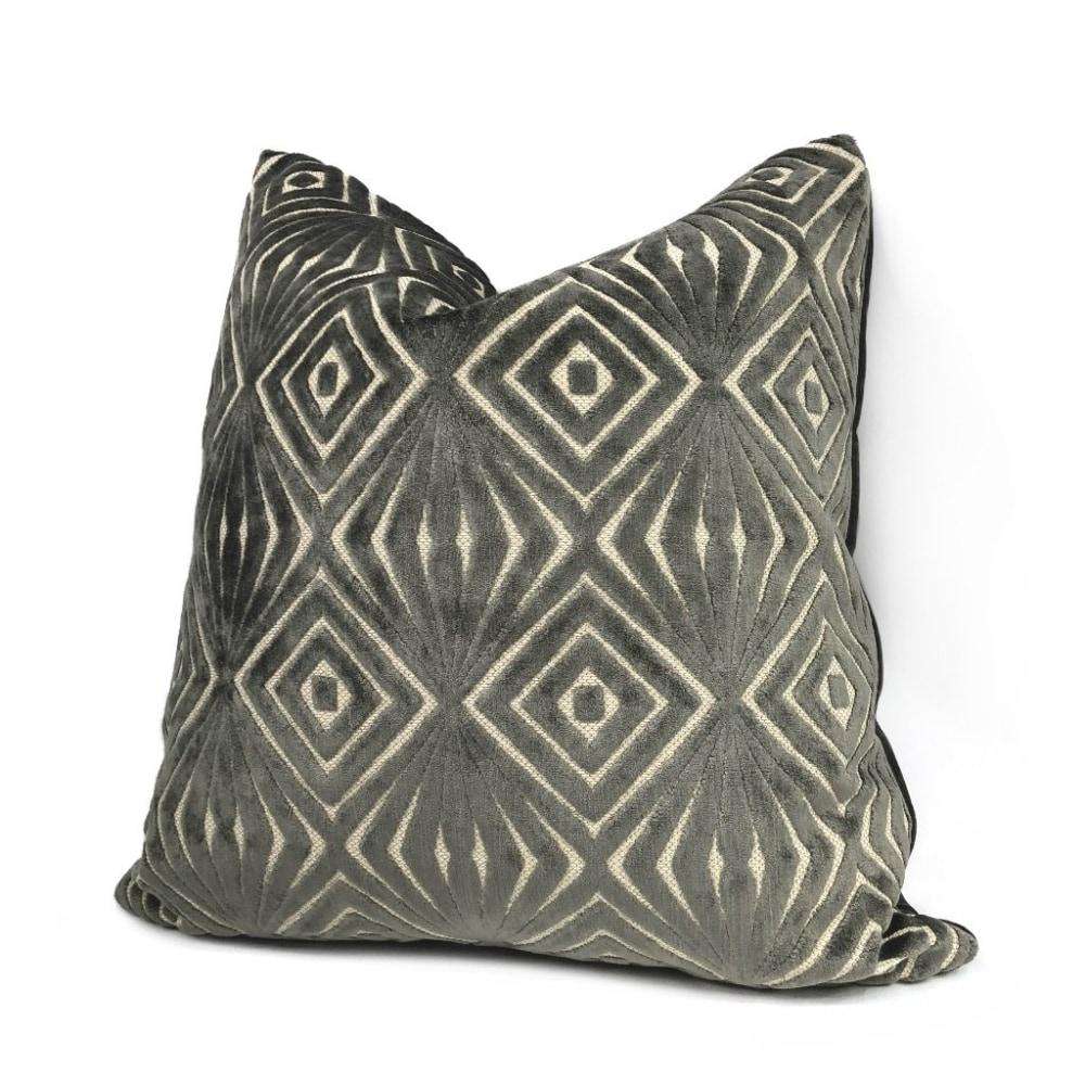 Antoni Seal Gray Geometric Cut Velvet Pillow Cover - Luxury Decorative Throw Pillow Case for Sofa, Bed & Home Decor - 18x18 Inches