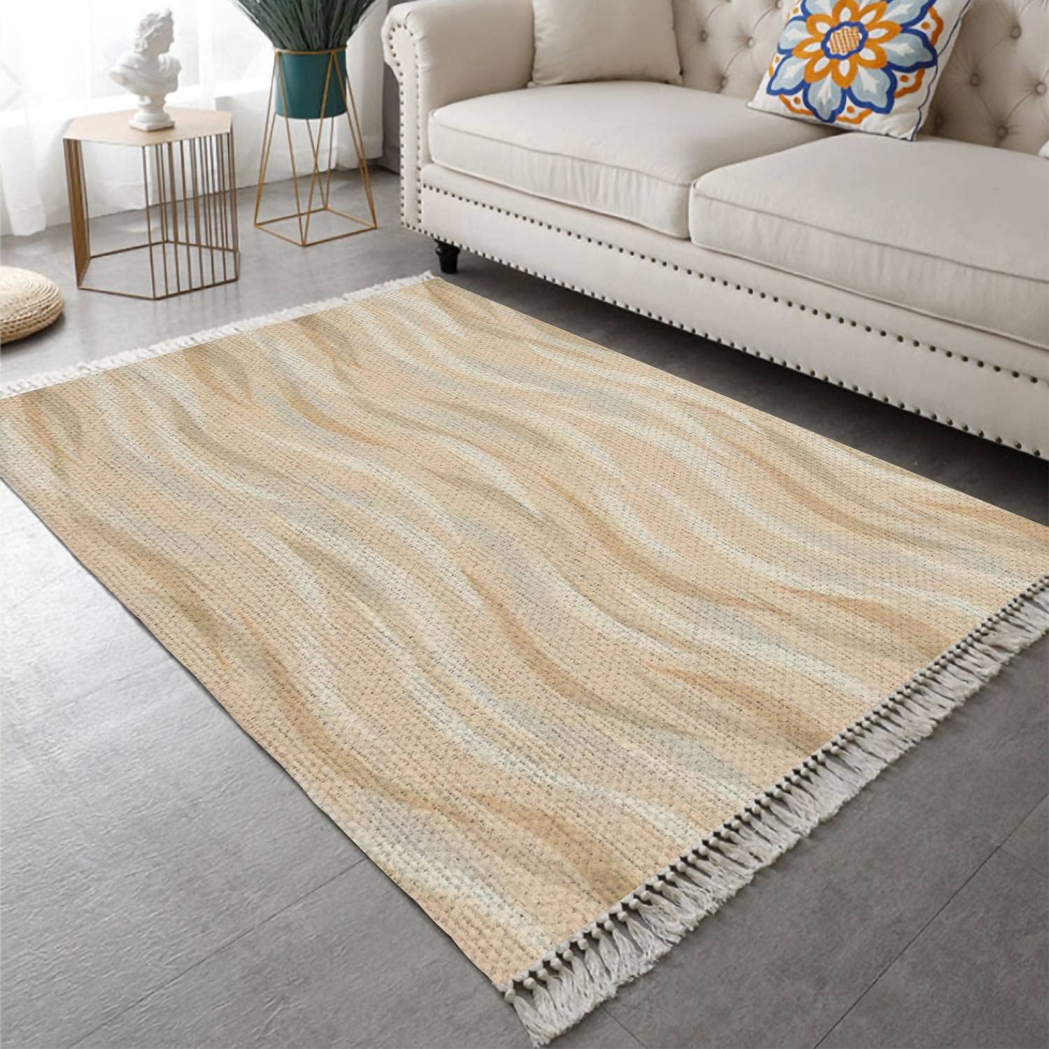 Soft Washable Cotton Linen Area Rug with Tassel - Seamless Wave Animal Print in Sand Dune & Pastel Colors - 4'x6' Woven Carpet Runner for Entryway, Bedroom, Kitchen & Laundry Room - Perfect for Boho Home Decor & Cozy Living Spaces