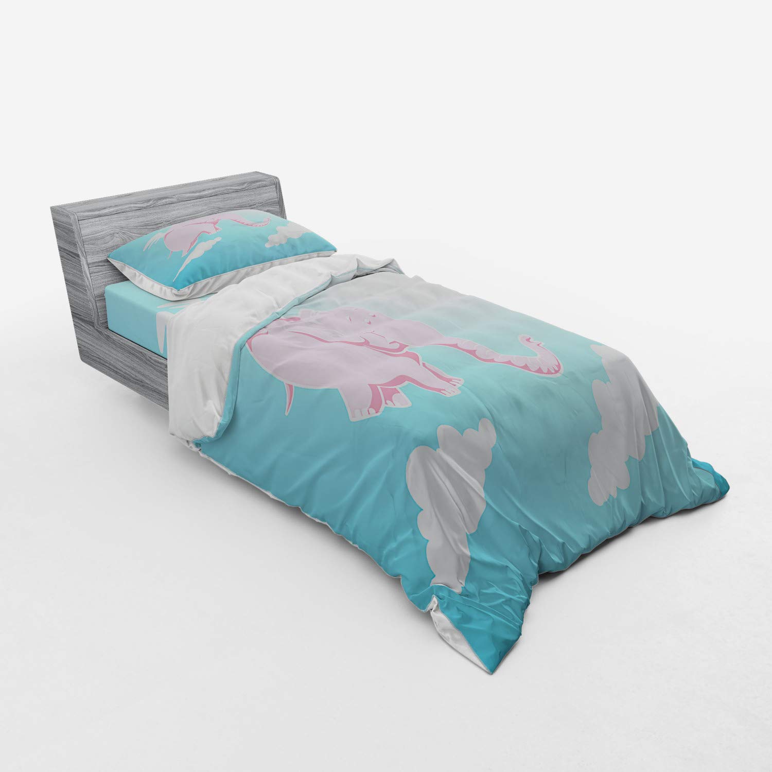 Ambesonne Cartoon Duvet Cover Set - Pink Flying Through The Sky Happiness Freedom Fantasy 3-Piece Bedding Set with Sham & Fitted Sheet, Twin Size, Pale Pink & Blue - Perfect for Kids' Rooms, Teen Bedrooms & Whimsical Home Decor