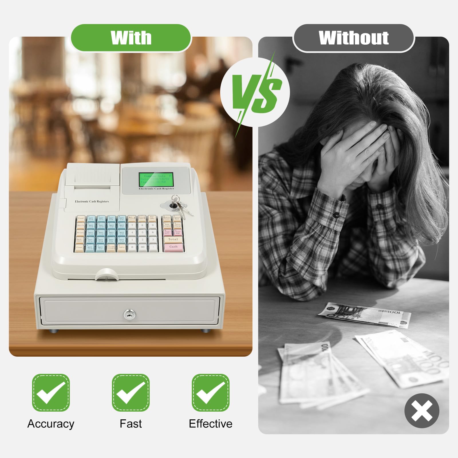 48-Key Electronic Cash Register with Thermal Printer, POS System with 4-Compartment Cash Drawer & Money Clips - LED Display for Retail Stores, Restaurants & Small Businesses - Perfect for Quick Checkout & Inventory Management