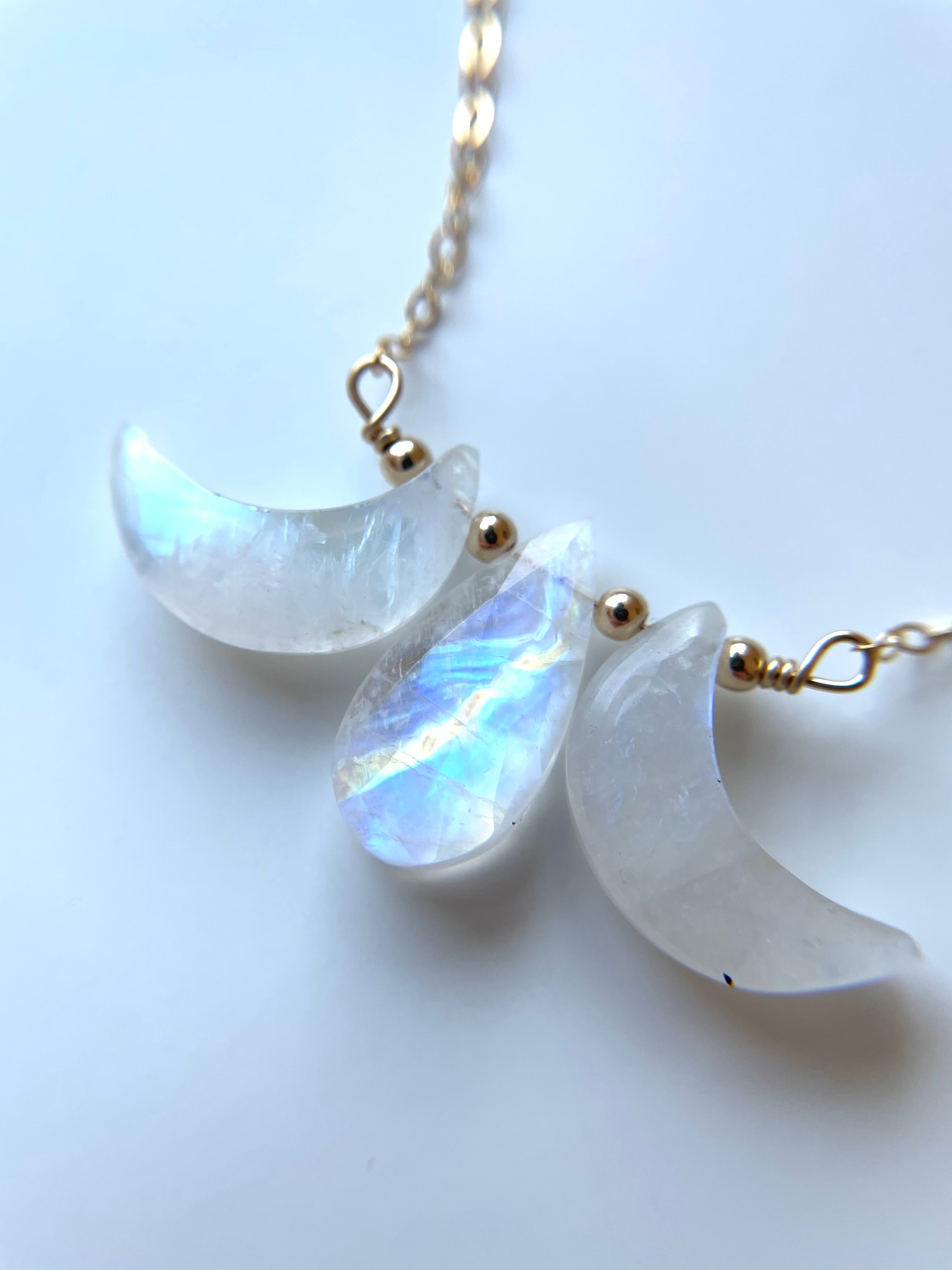 Triple Moon Goddess Necklace - Rainbow Moonstone Crystal Jewelry for Women | Original Handmade Moon Pendant | Spiritual Gift for Wiccans, Yoga & Meditation