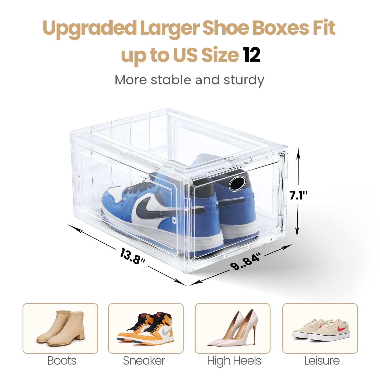 12 Pack Clear Stackable Shoe Storage Boxes with Clear Door - Organizer for Closet, Sneakers & Shoes up to US Size 12 (13.8”x9.84”x7.1”) - Easy to Assemble, Durable Plastic Shoe Box Containers - Perfect for Bedroom, Walk-in Closet & Shoe Collection Organization