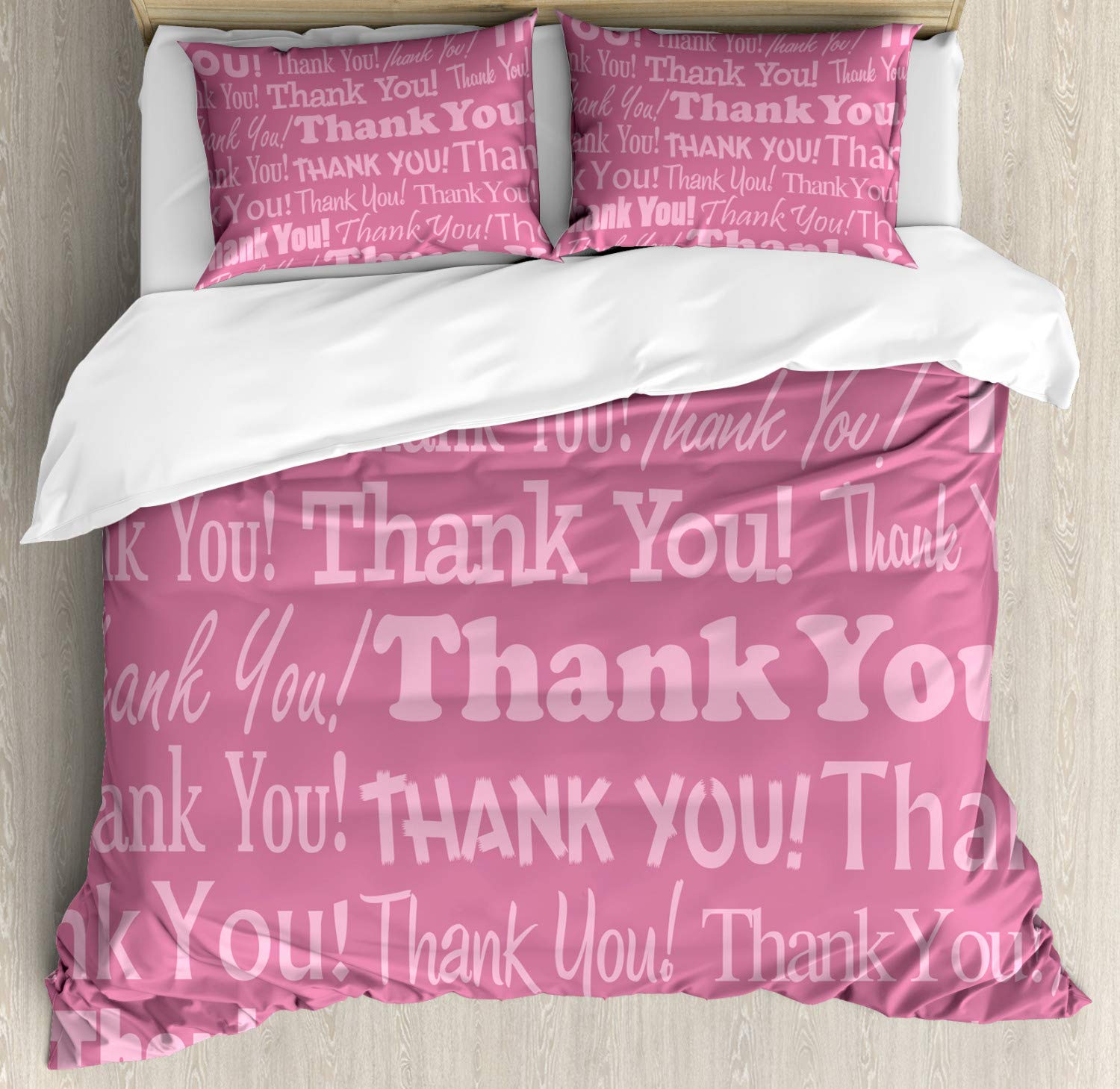 Ambesonne Thank You Duvet Cover Set - Floral Calligraphy Design in Pink Tones, 3-Piece Queen Size Bedding with 2 Pillow Shams (Pale Fuchsia & Pink) | Soft & Breathable Cotton Blend | Perfect for Guest Rooms, Master Bedrooms & Cozy Home Decor