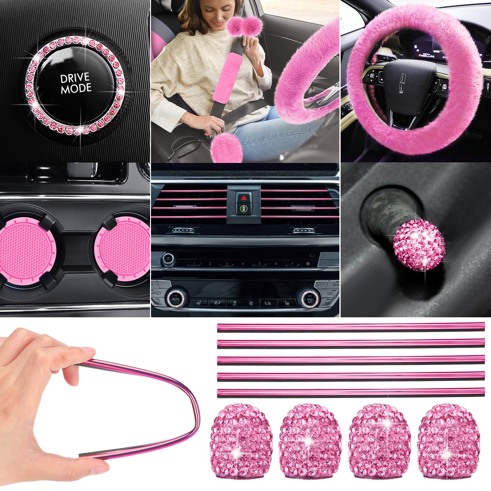 ROCEEI 47-Piece Full Set Car Seat Covers with Fluffy Steering Wheel Cover, Seat Belt Pads & Floor Mats - Premium Car Accessories for Front & Rear Seats (Black & Pink) | Ultimate Comfort & Protection for Daily Commute, Road Trips & Family Travel