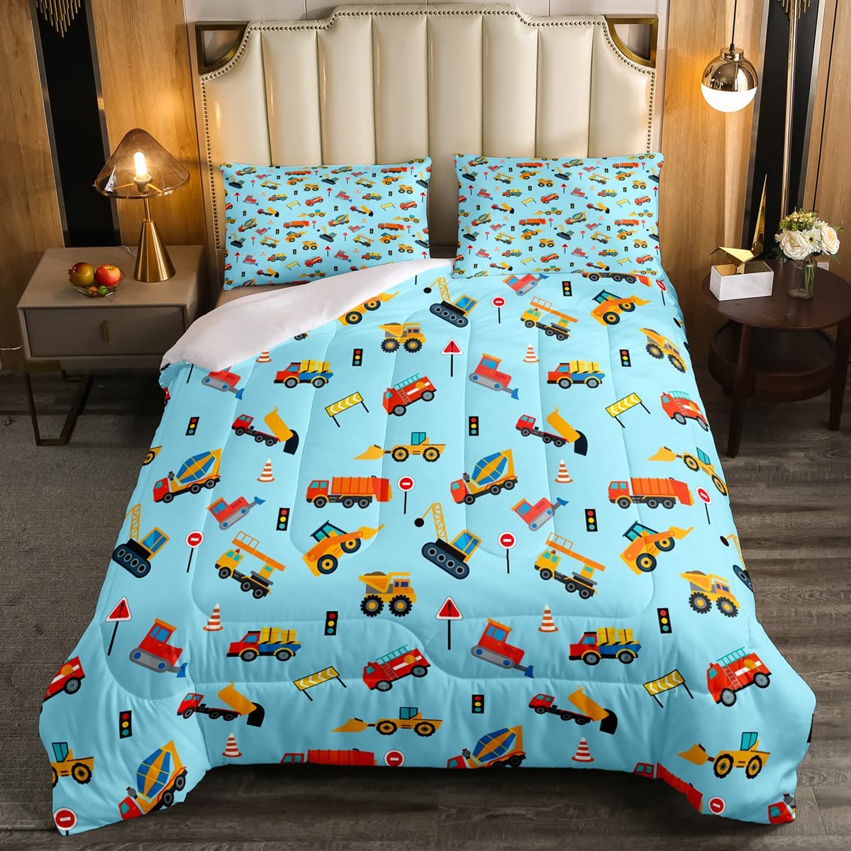 Boys Construction Vehicles Twin Size Bedding Set - Cartoon Truck Comforter & Pillowcase for Kids | Perfect for Themed Bedrooms & Playrooms