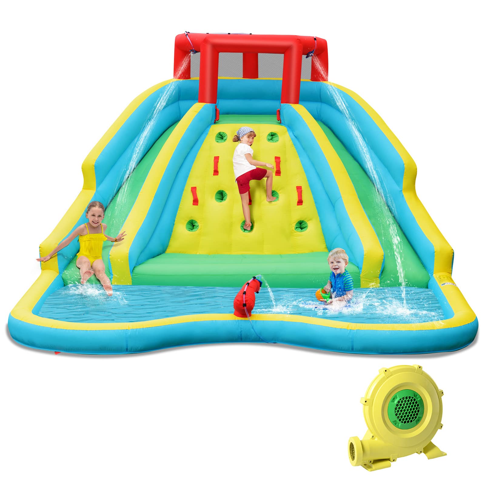 **HONEY JOY Inflatable Water Slide for Kids - Giant Backyard Water Park with 2 Long Slides, Climbing Wall, Water Hoses & Cannon, Large Splash Pool - Outdoor Blow Up Waterslide for Summer Fun (Includes 750W Blower) - Perfect for Birthday Parties, Family Gatherings & Backyard Water Play**