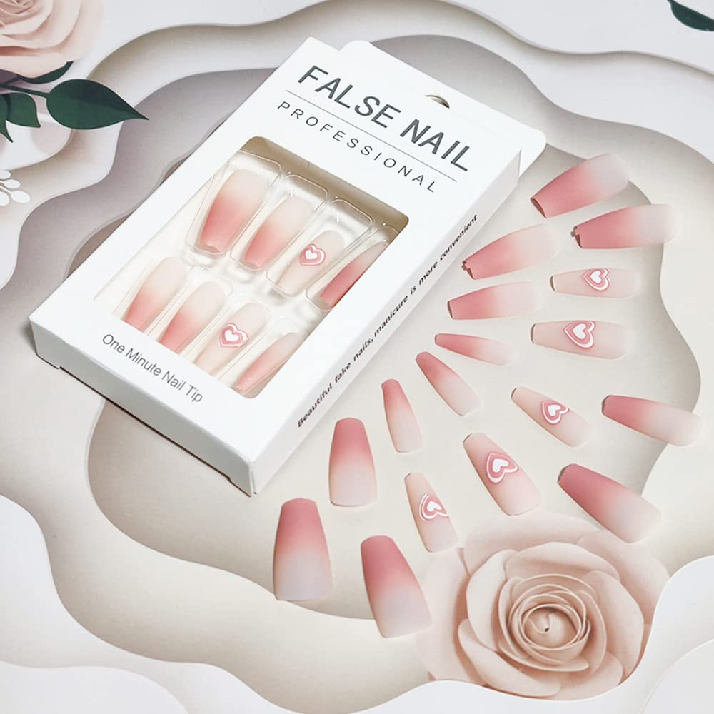 Valentine's Day Press on Nails - 24Pcs Long Coffin Fake Nails with White Pink Heart Design, Glossy Acrylic Full Cover False Nails for Women | Perfect for Romantic Dates, Weddings, Anniversaries & Special Occasions
