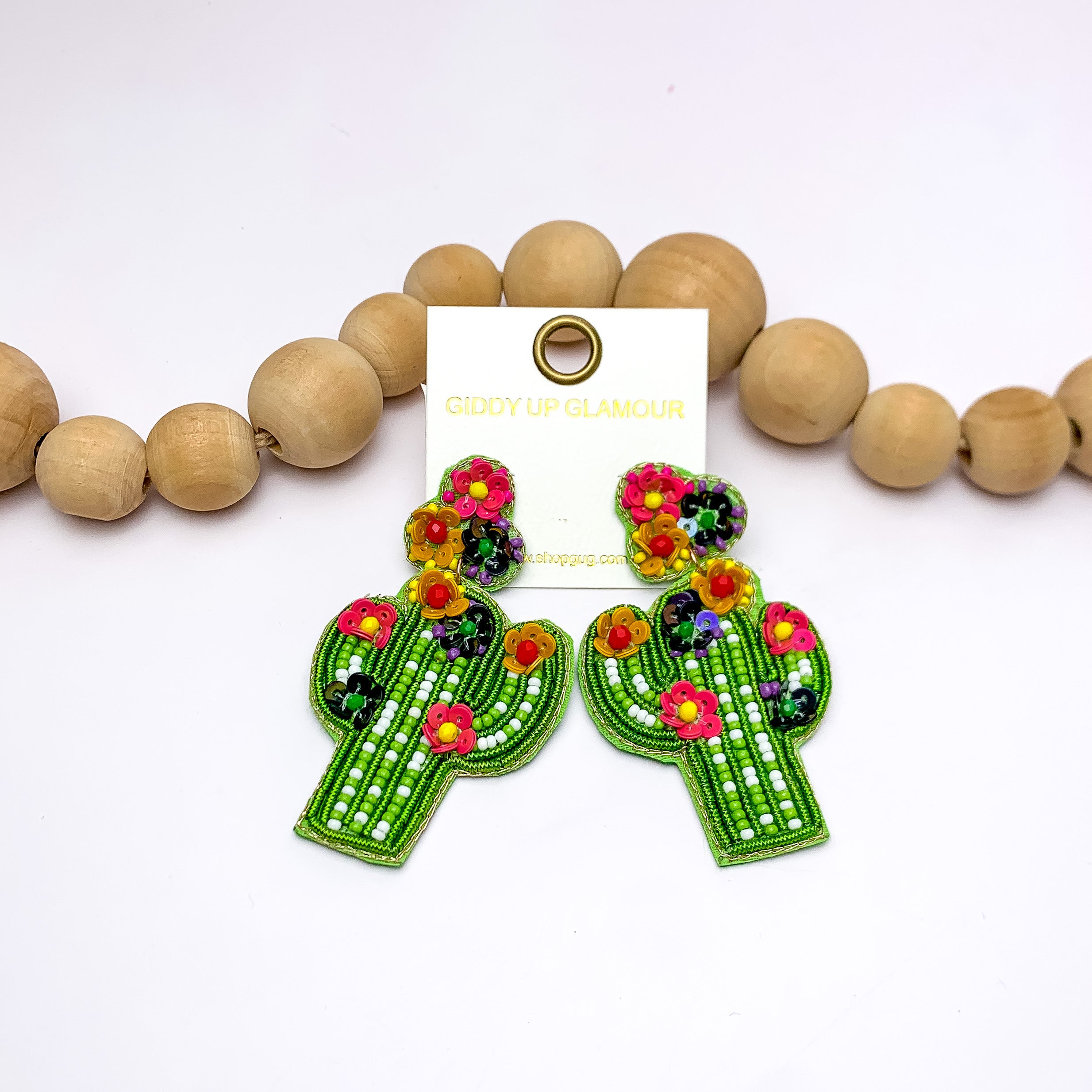 Light Green Beaded Cactus Post Earrings with Multicolor Flowers | Boho Chic Jewelry for Women | Perfect for Summer Festivals & Beach Vacations