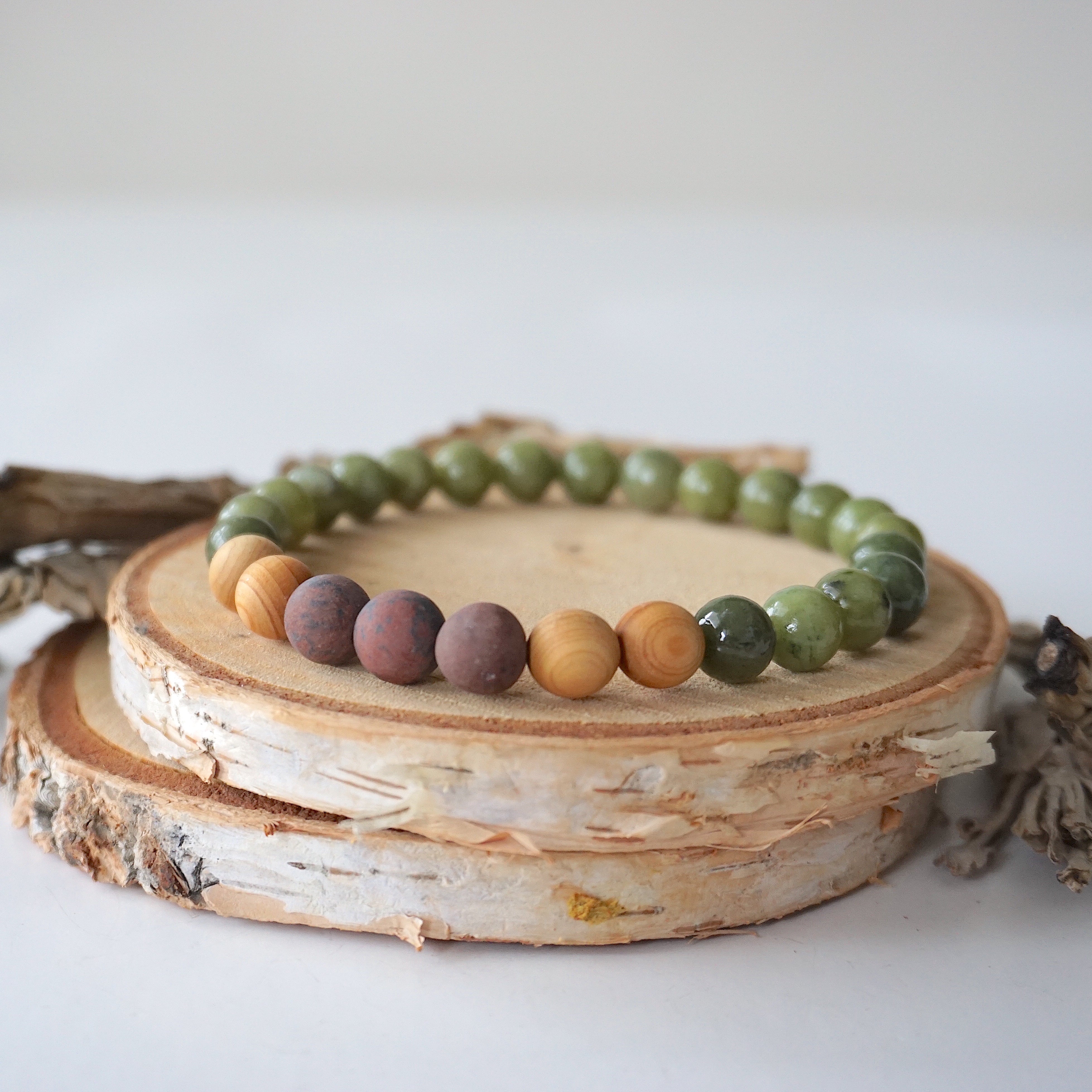 Jade Healing Crystal Mala Bracelet with Mahogany Obsidian & Cedar Wood - Meditation, Yoga & Spiritual Wellness Accessory