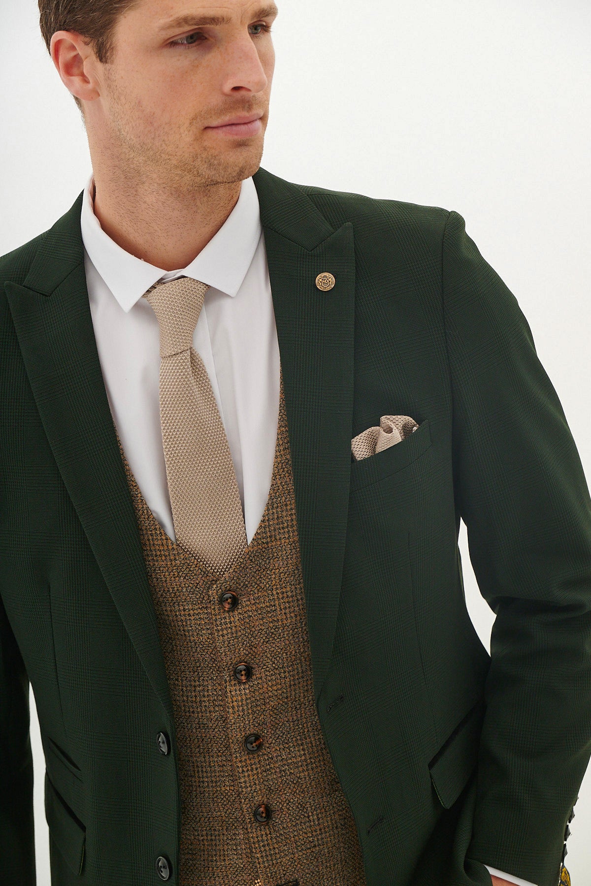 BROMLEY Olive Green Check Suit with Kris Tan Tweed Waistcoat - Stylish Men's Formal Attire for Weddings, Business Meetings & Special Occasions