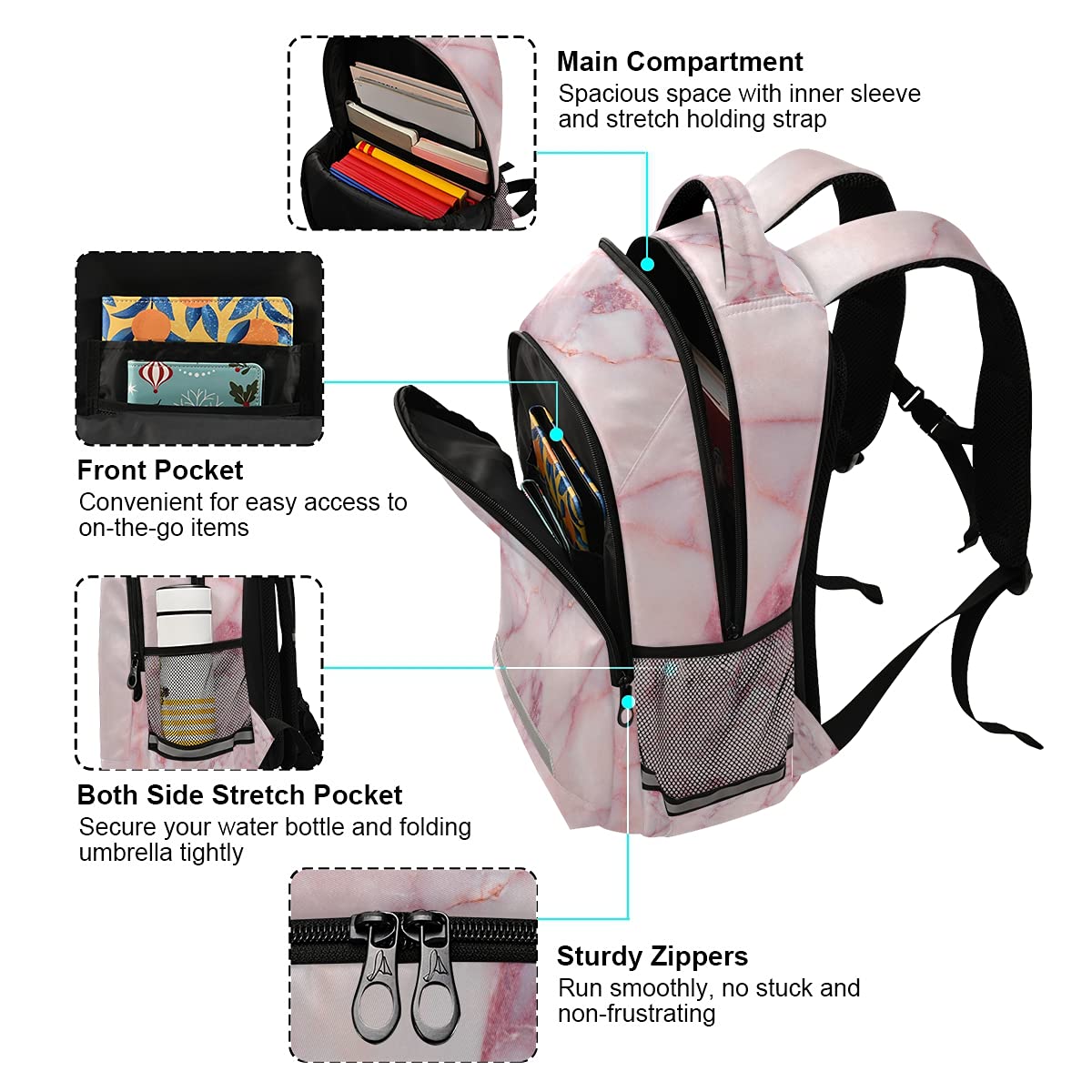 Pink Marble Laptop Backpack with Chest Strap - Durable School & Travel Backpack for Boys & Girls - Perfect for Hiking, College & Daily Use