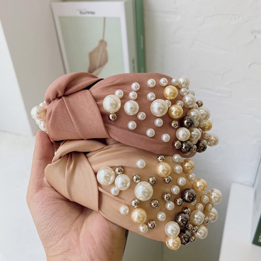 Wiwpar Pearl Knotted Headbands for Women - Fashion Wide Pearl Bead Headband, Boho Hair Accessories (Pink) | Perfect for Weddings, Parties & Everyday Style