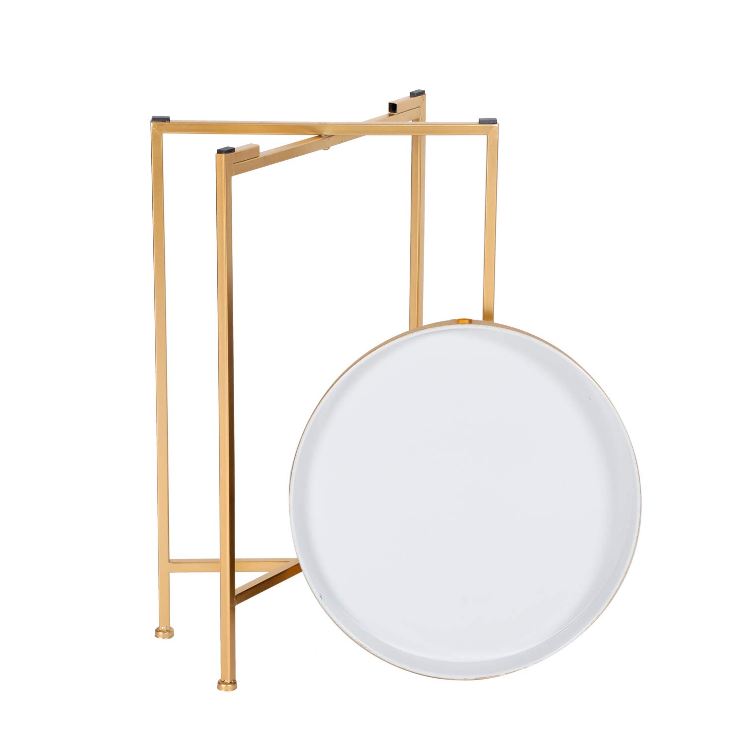 Adeco Modern Round Side End Accent Table - 25.7 Inch Tall Living Room Table with Gold Base & White Tray - Perfect for Sofa Side Table, Bedroom Nightstand, or Lounge Decor