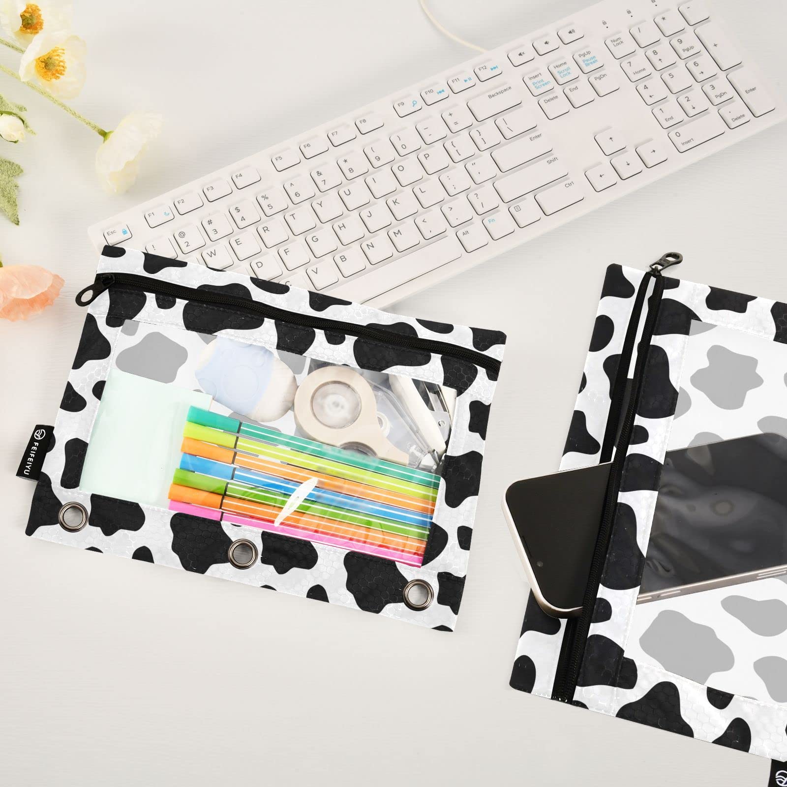 ALAZA Black and White Cow Print 3-Ring Binder Pencil Pouch with Clear Window - 2 Pack Zippered Pencil Case for School, Office & College Supplies - Perfect for Organizing Pens, Makeup & Stationery