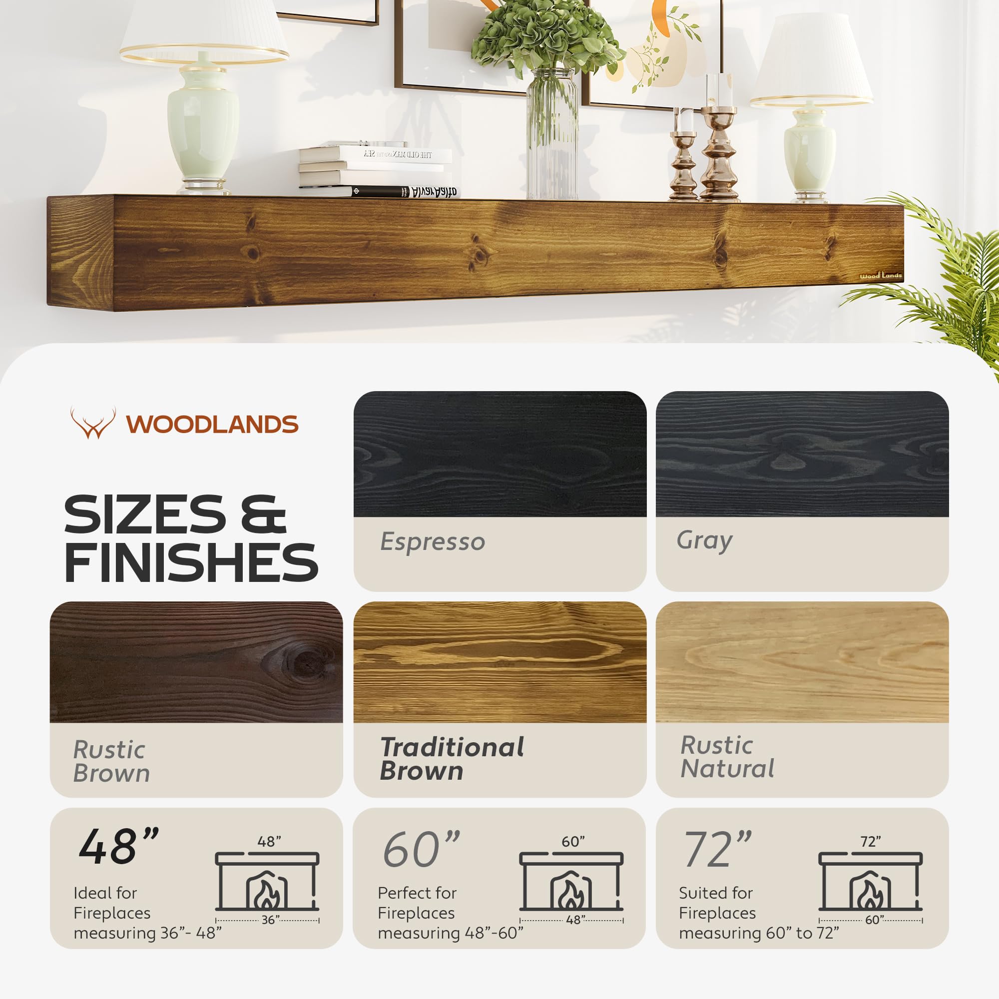 72 Inch Rustic Fireplace Mantel Shelf - Handcrafted Solid Wood Wall Mounted Mantle for Over Fireplace - 72
