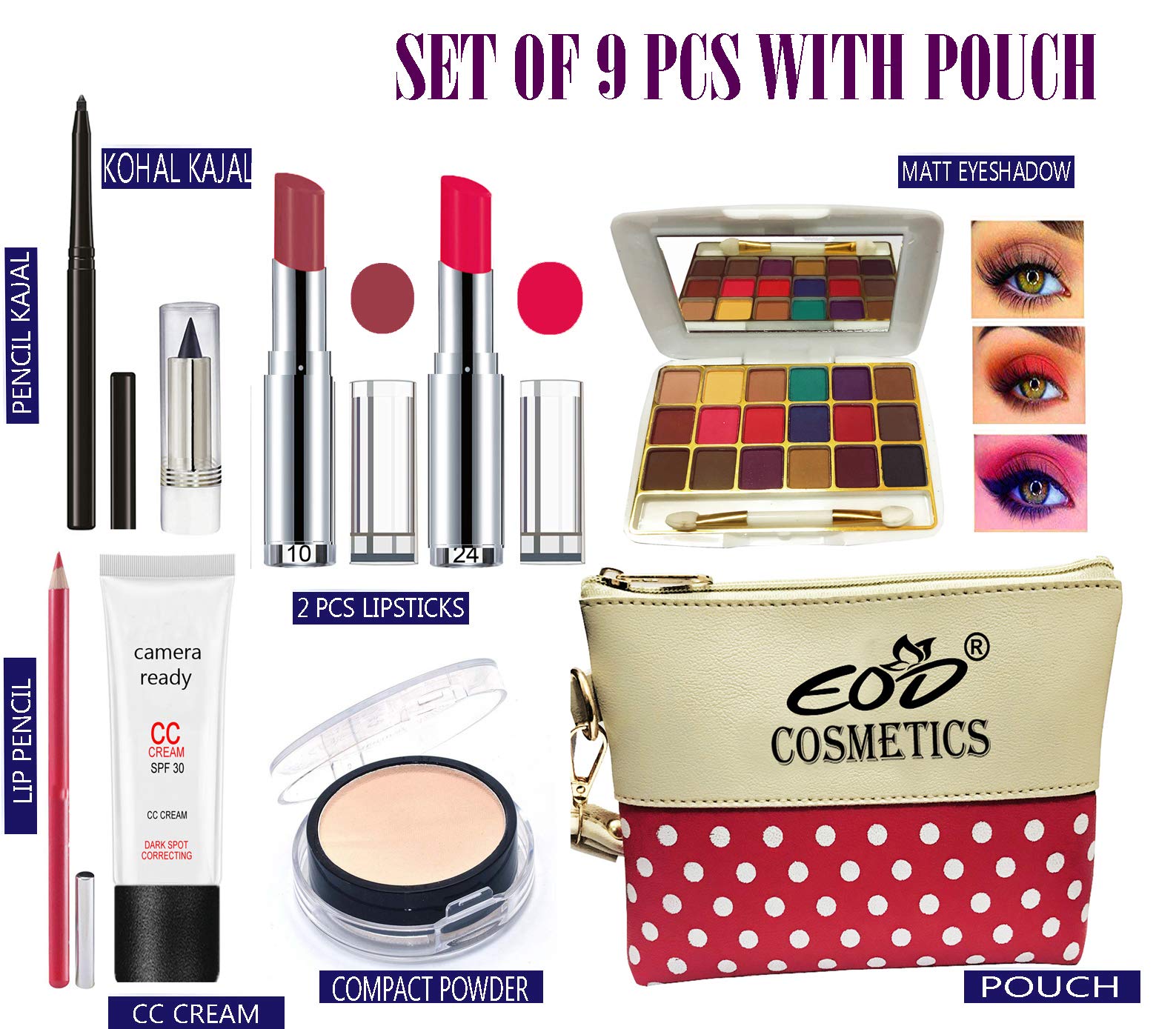 Premium 9-Piece Makeup Kit for Women - Complete Cosmetic Set with Travel Pouch | Foundation, Eyeshadow, Lipstick & More | Perfect for Daily Use, Parties & Travel