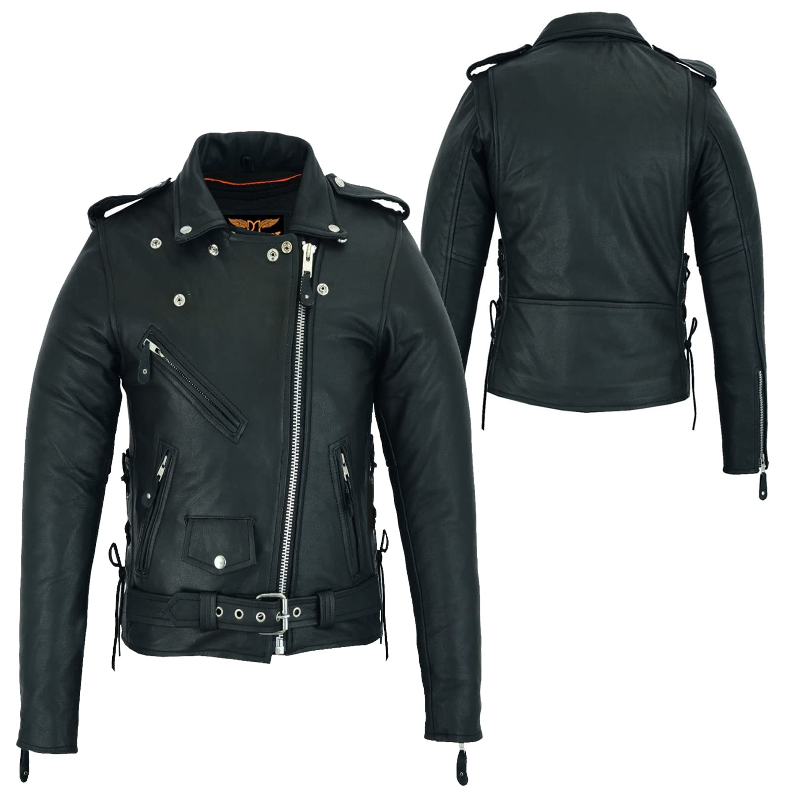 Dream Apparel Women's Classic Black Leather Motorcycle Jacket - Zip Out Lining & Adjustable Side Laces - Stylish Biker Jacket for Ladies | Perfect for Riding, Casual Wear & Outdoor Adventures