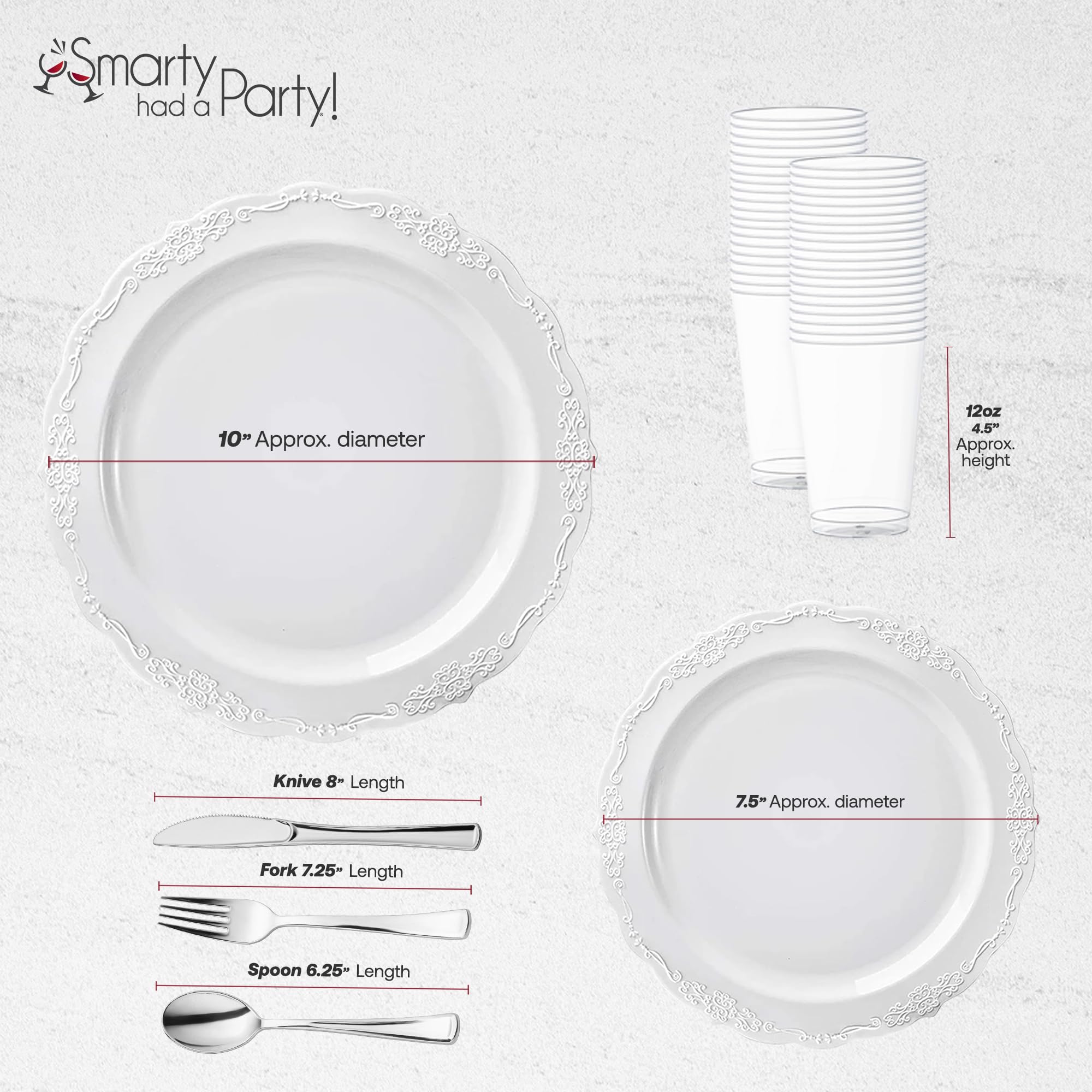 Smarty Had A Party Elegant Plastic Plates Wedding Value Set for 120 Guests - Disposable Dinnerware with White Plates, Silverware & Clear Plastic Cups - Perfect for Weddings, Bridal Showers & Formal Events