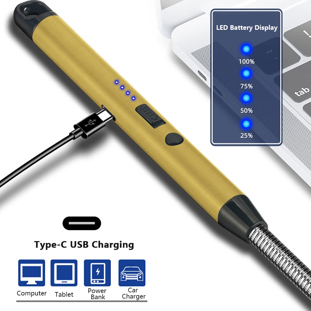 SKRFIRE Electric Lighter - Rechargeable Windproof Plasma Lighter with Hanging Loop for Candles, Cooking, BBQs & Fireworks | Flameless & Safe | Perfect for Camping, Outdoor Adventures & Emergency Use (Gold)
