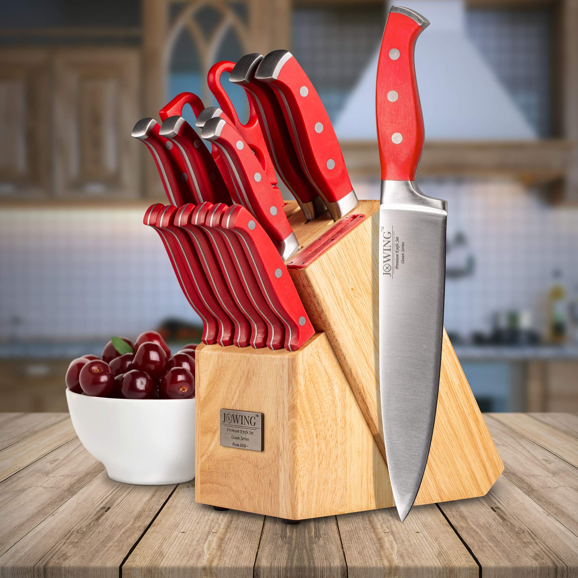 Premium 15-Piece German High Carbon Stainless Steel Kitchen Knife Set - Ocean Series Forged Full Tang Chef Knives with Rubber Wood Block (Red) - Perfect for Professional Chefs & Home Cooking