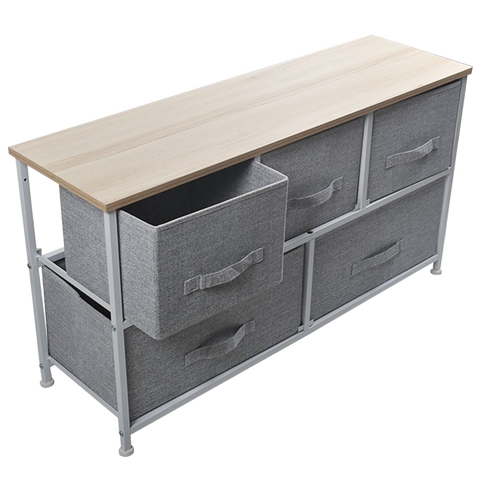 MitoHaret 5-Drawer Fabric Dresser Organizer with Sturdy Steel Frame & Wooden Top - Beige Storage Chest for Bedroom, Hallway, Closet & Office Organization | Space-Saving Cloth Handle Cabinet for Clothes, Toys & Home Essentials