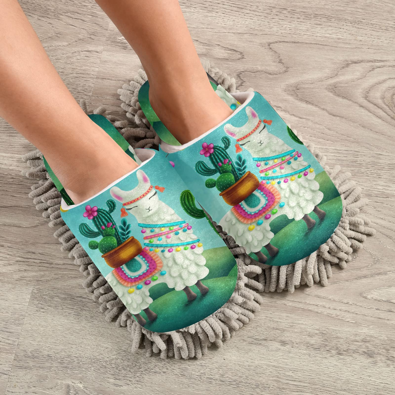 Boccsty Cute Llama Cactus Mop Slippers - Alpaca Animal Succulent House Cleaning Slippers for Men & Women | Spa, Dusting & Home Shoes | Perfect for Indoor Cleaning, Relaxing & Gift Giving