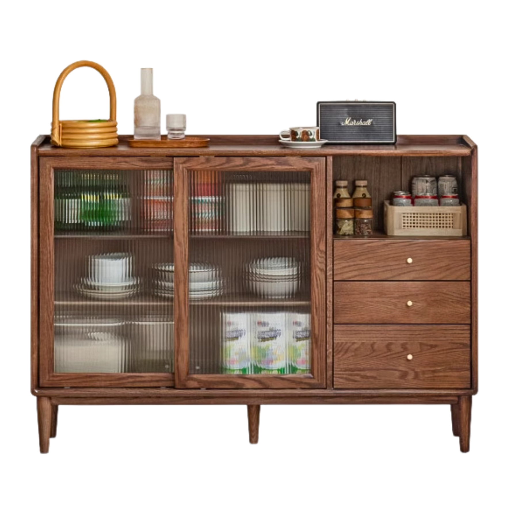 Modern Solid Wood Sideboard with Glass - Black Walnut & Oak - Perfect for Living Room, Dining Room, or Entryway Storage