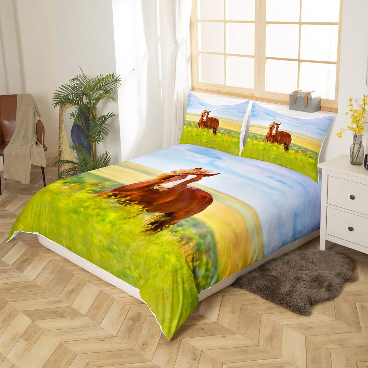 Feelyou Brown Horse Duvet Cover Set Twin Size - 3D Printed Blossom Flowers & Animals Design - Ultra Soft Microfiber Bedding with Zipper Closure & 1 Pillow Sham - Perfect for Kids' Room Decor & Cozy Bedroom Makeover