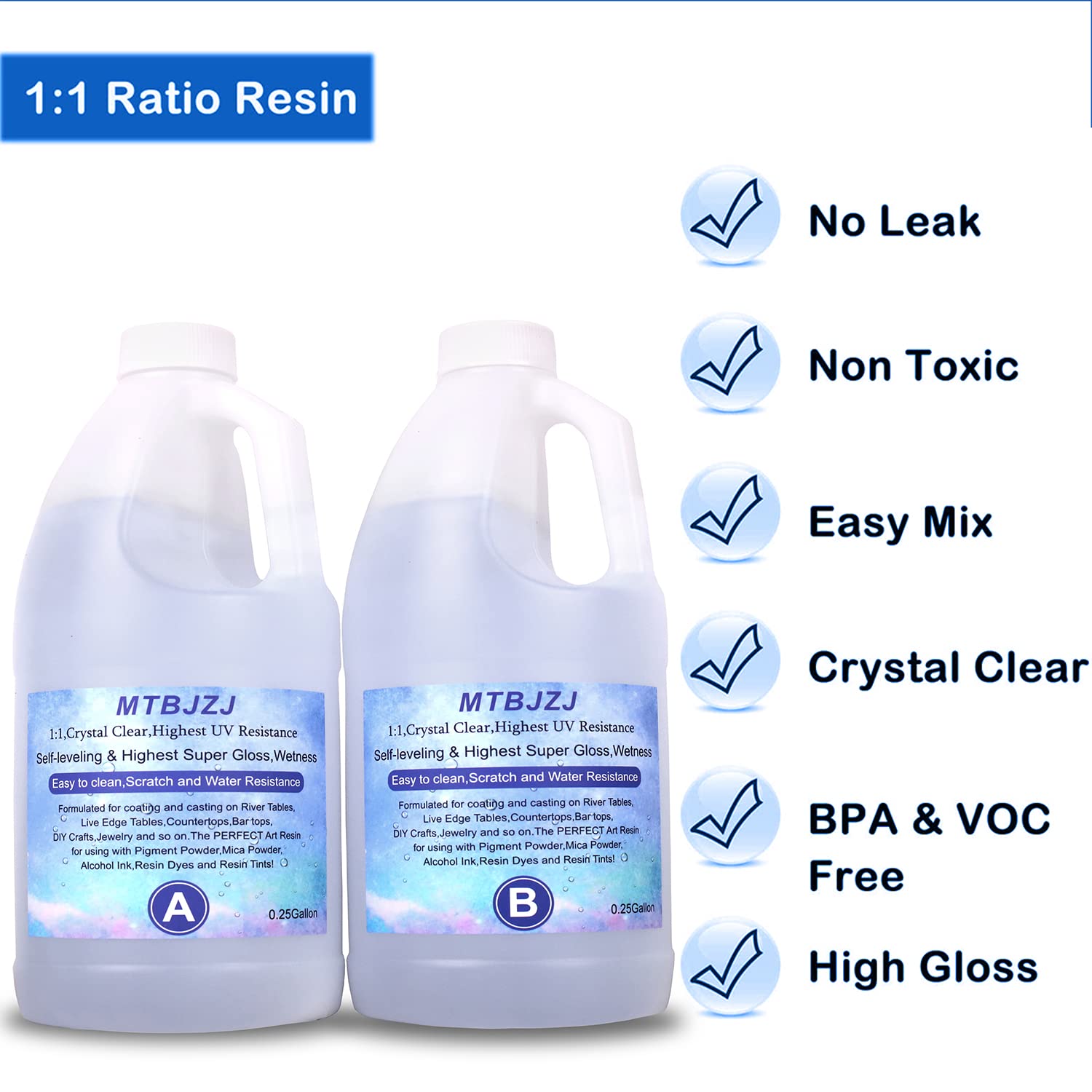 MTBJZJ Crystal Clear Epoxy Resin Kit - Scratch Resistant, Ultra Clear Finish Casting Resin with Hardener (0.5 Gallon) | Perfect for DIY Jewelry Making, Resin Molds, Tabletop Coating, Art Crafts, and Home Decor Projects