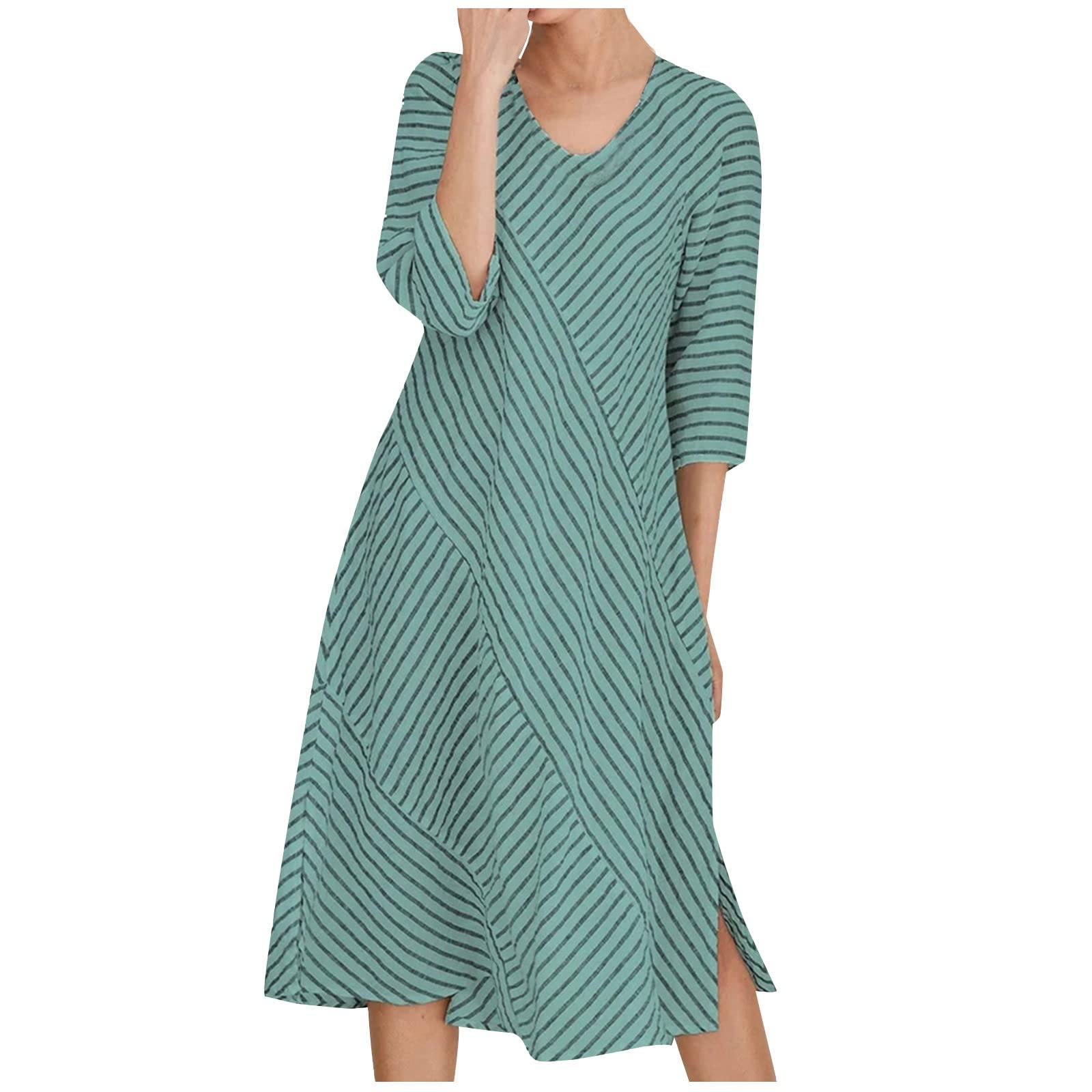 Women's Striped Side Slit Midi Dress - 3/4 Sleeve Round Neck Casual Loose T-Shirt Dress for Beach, Vacation & Summer Outings