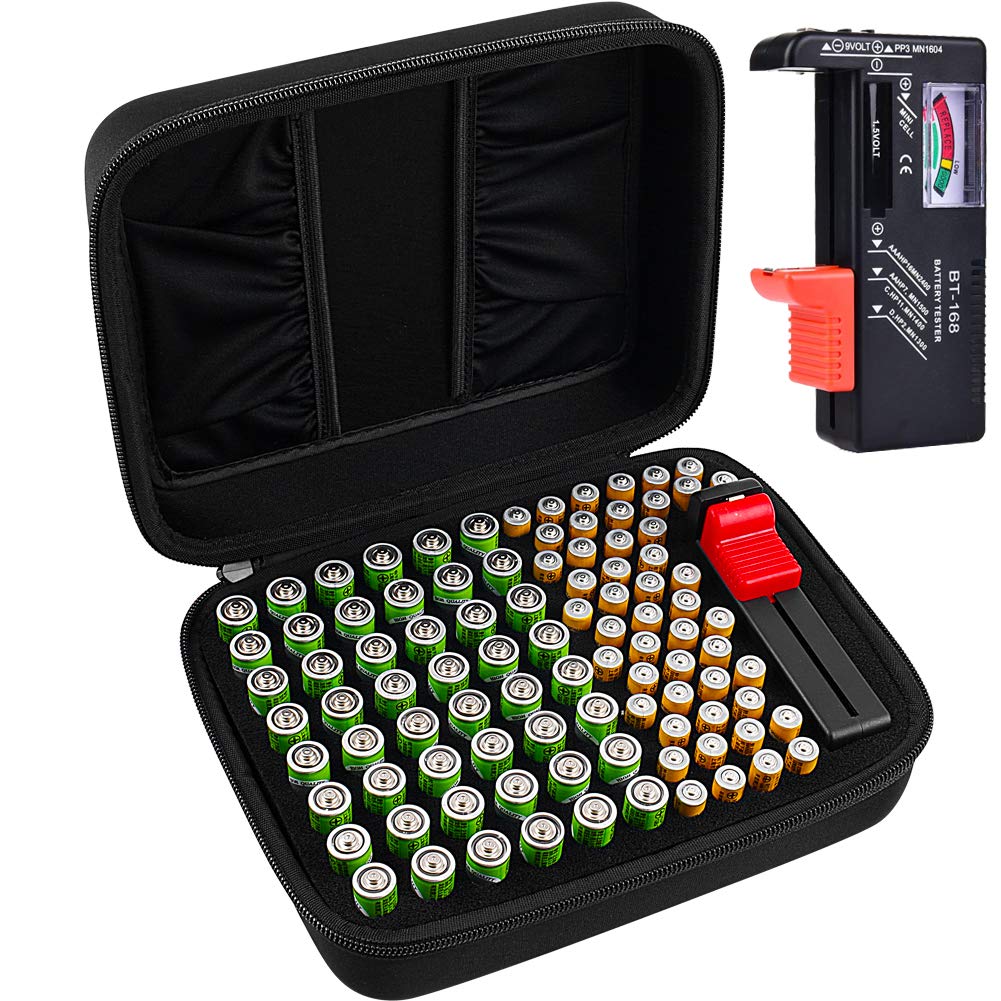 96-Slot Battery Organizer Storage Box with Tester - Holds 48 AA & 48 AAA Batteries + 2 Extra Pockets for Accessories | Perfect for Home, Office, and Emergency Kits