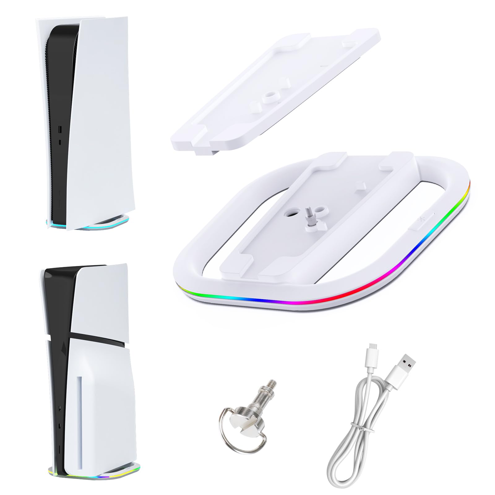 PS5/PS5 Slim Vertical Stand with 7 RGB Modes - Stable Holder for Disc & Digital Consoles - Includes Screw & USB-C Cable - Perfect for Gaming Setup & Display