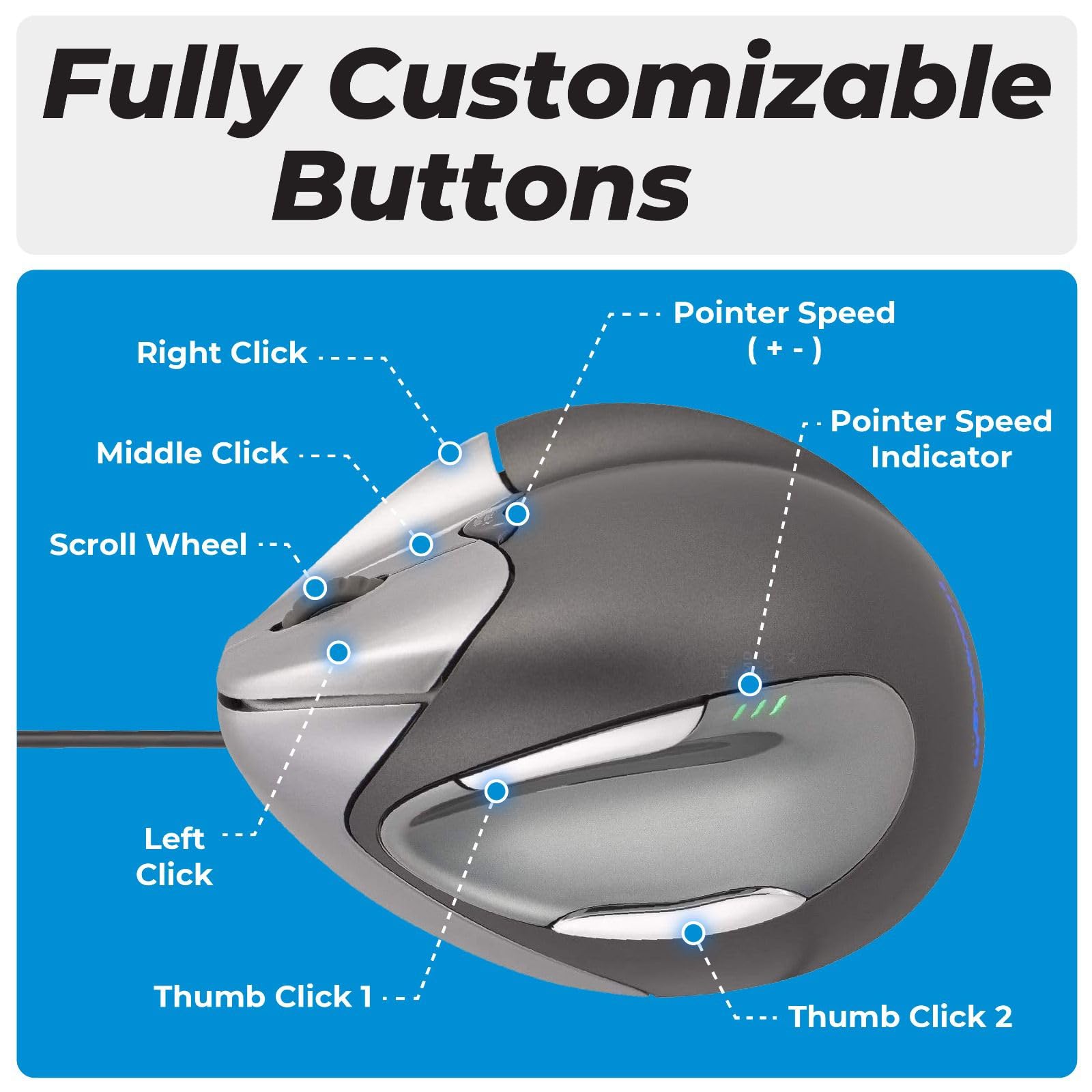 Evoluent VM4R Vertical Mouse 4 for Right Hand - Ergonomic Wired USB Mouse with Adjustable Speed & Programmable Buttons | Helps Prevent Carpal Tunnel | Perfect for Office Work, Gaming & Long Computer Sessions