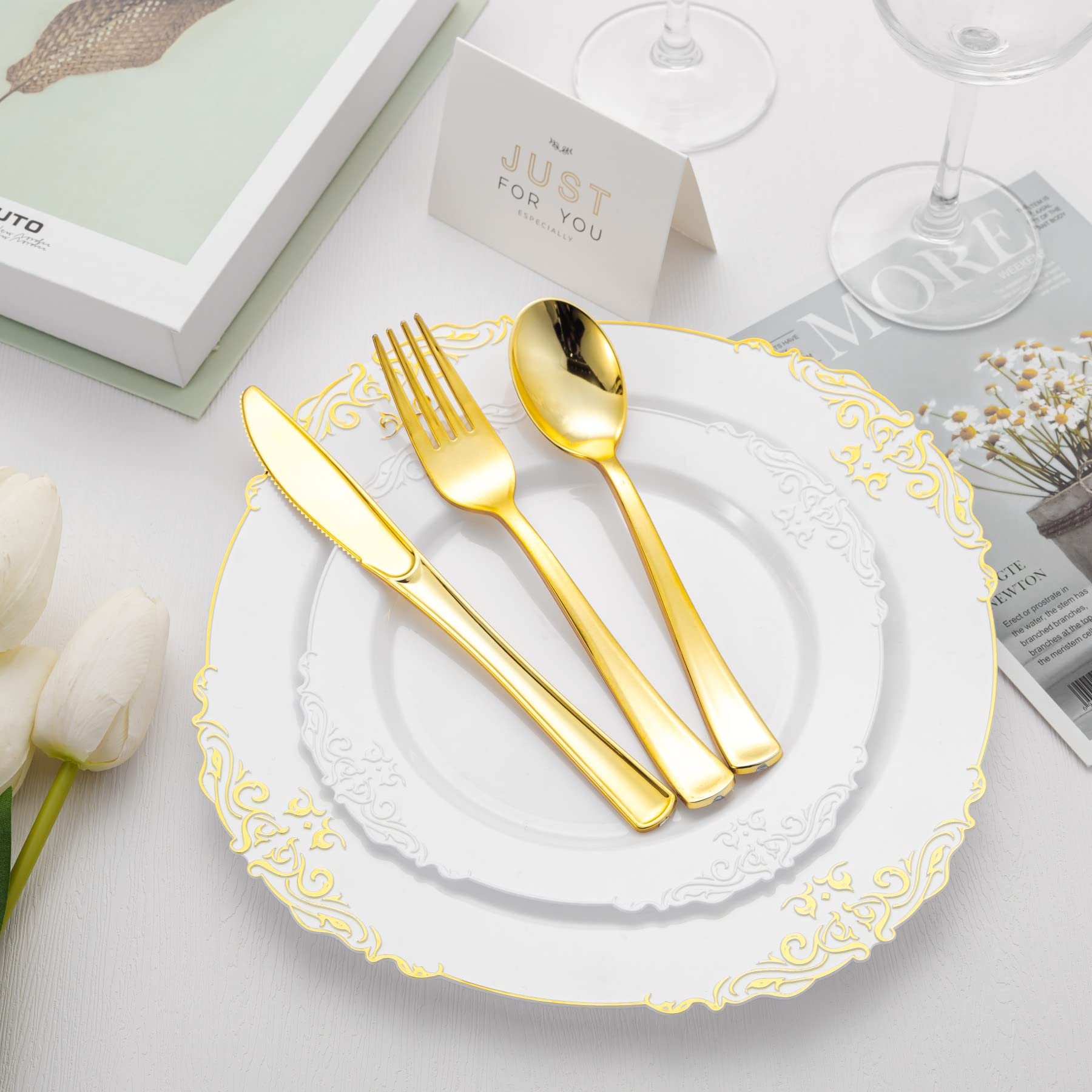 320-Piece Gold Plastic Silverware Set - Disposable Cutlery Includes 120 Forks, 100 Spoons & 100 Knives - Elegant Gold Utensils for Weddings, Parties, Events & Everyday Use - Perfect for Catering, Picnics, BBQs & Home Dining