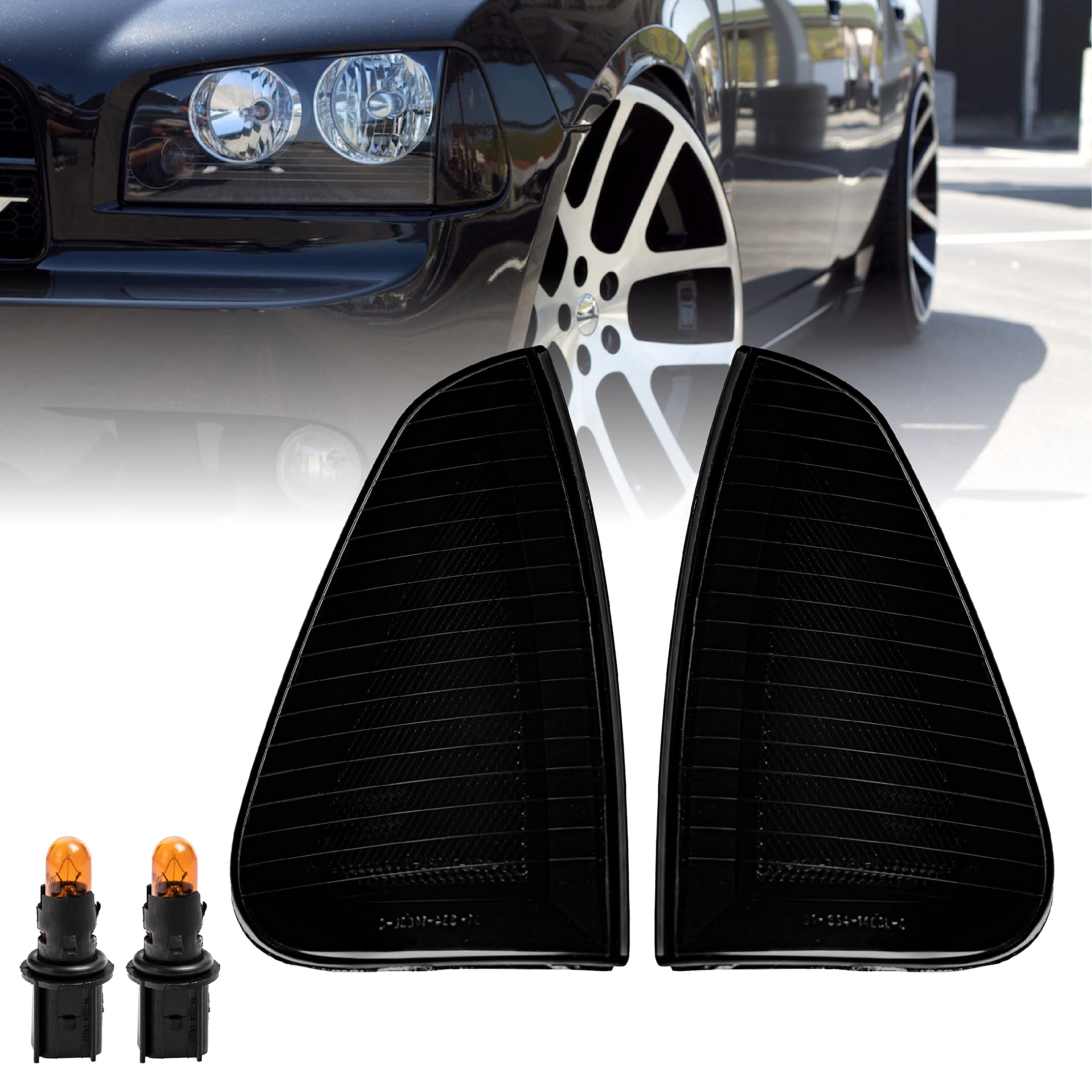 USR DEPO Black/Smoke Turn Signal Lights - Front Corner Lamps Pair (Left & Right) Compatible with 2006-2010 Dodge Charger Sedan | Smoked Lens Design | Easy Installation | Enhanced Visibility & Style for Night Driving & Custom Car Mods