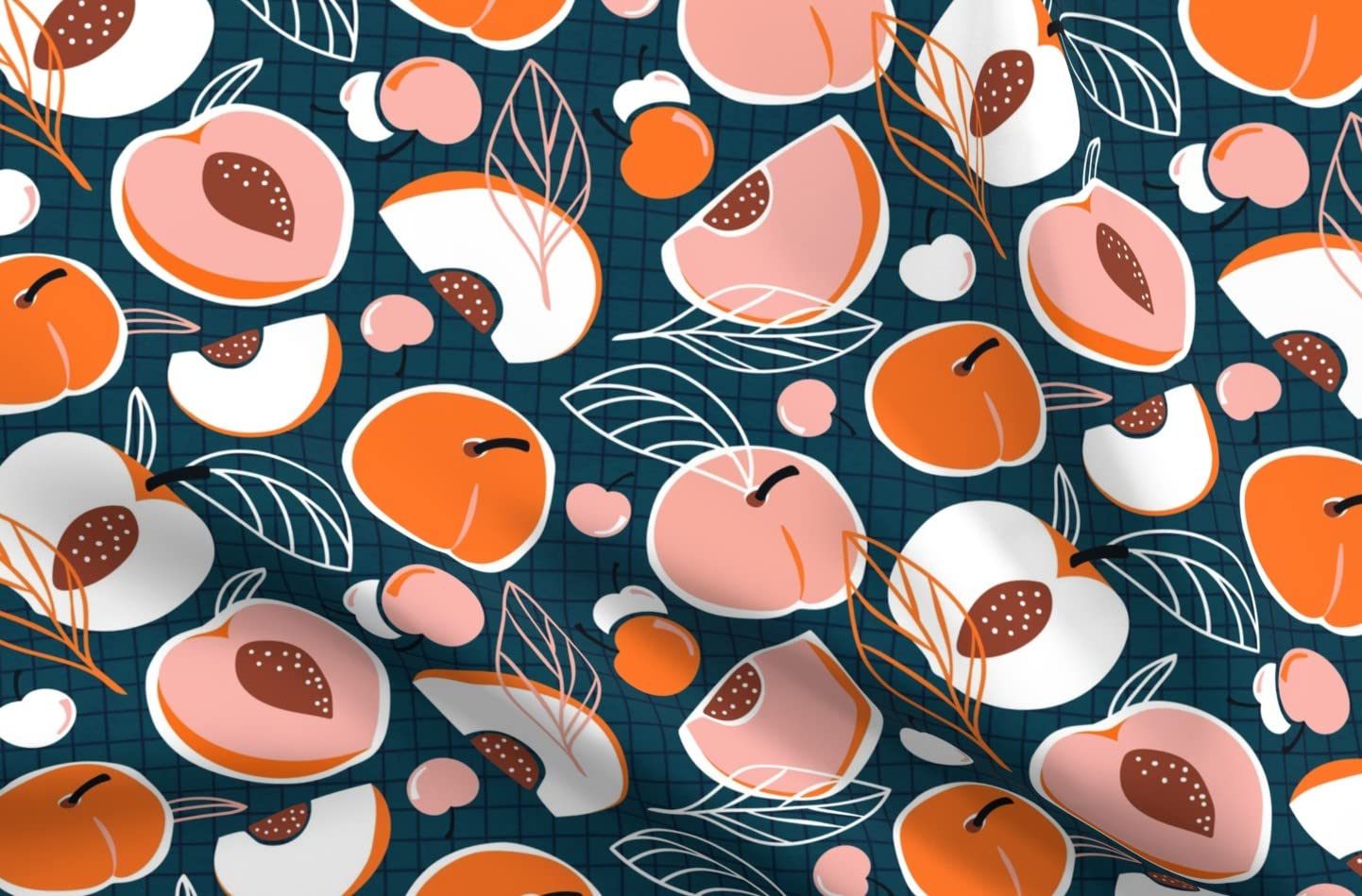 Peach Stone Fruit Dark Teal Pink Orange Summer Picnic Food Print Satin Fabric by The Yard - Premium Sewing Material for Apparel, Fashion Blankets & Home Decor (Perfect for Summer Dresses, Picnic Blankets & DIY Projects)